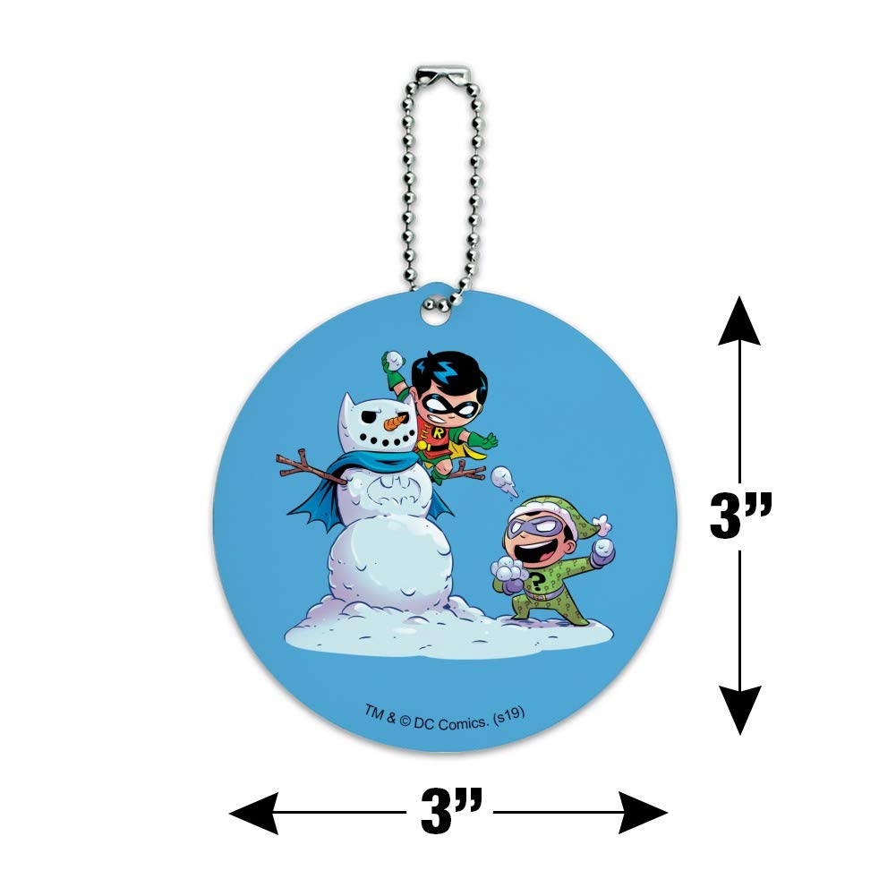 Robin and Riddler Snowball Fight Round Luggage ID Tag - Durable Suitcase Name Tag for Carry-On Bags - Perfect for Travel Identification and Themed DC Comics Fans