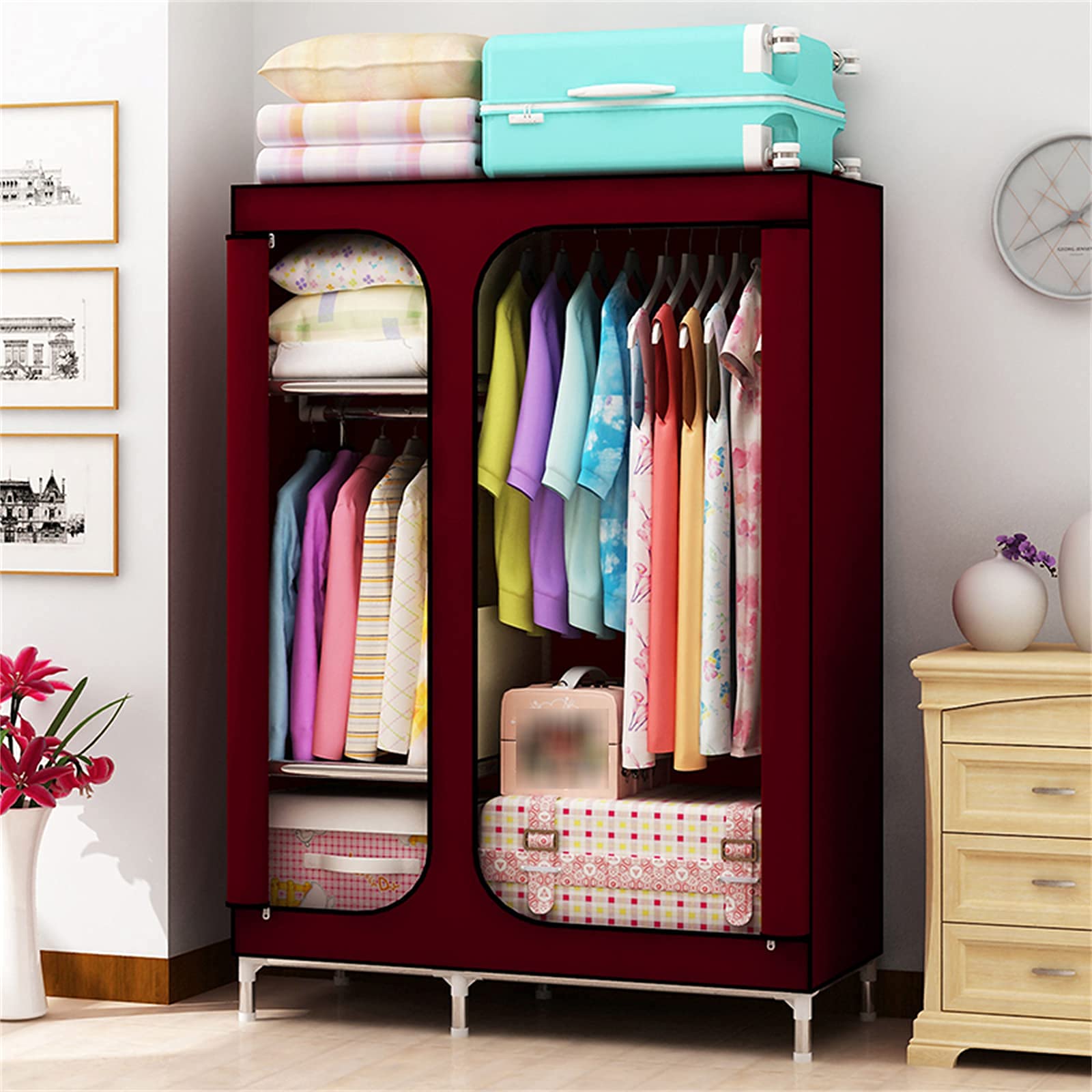 Portable Fabric Wardrobe Closet - Foldable Hanging Storage Organizer with Metal Frame & Clothes Rail (168x110x45cm) - Space-Saving Solution for Small Rooms, Apartments, Dorms & Travel Use