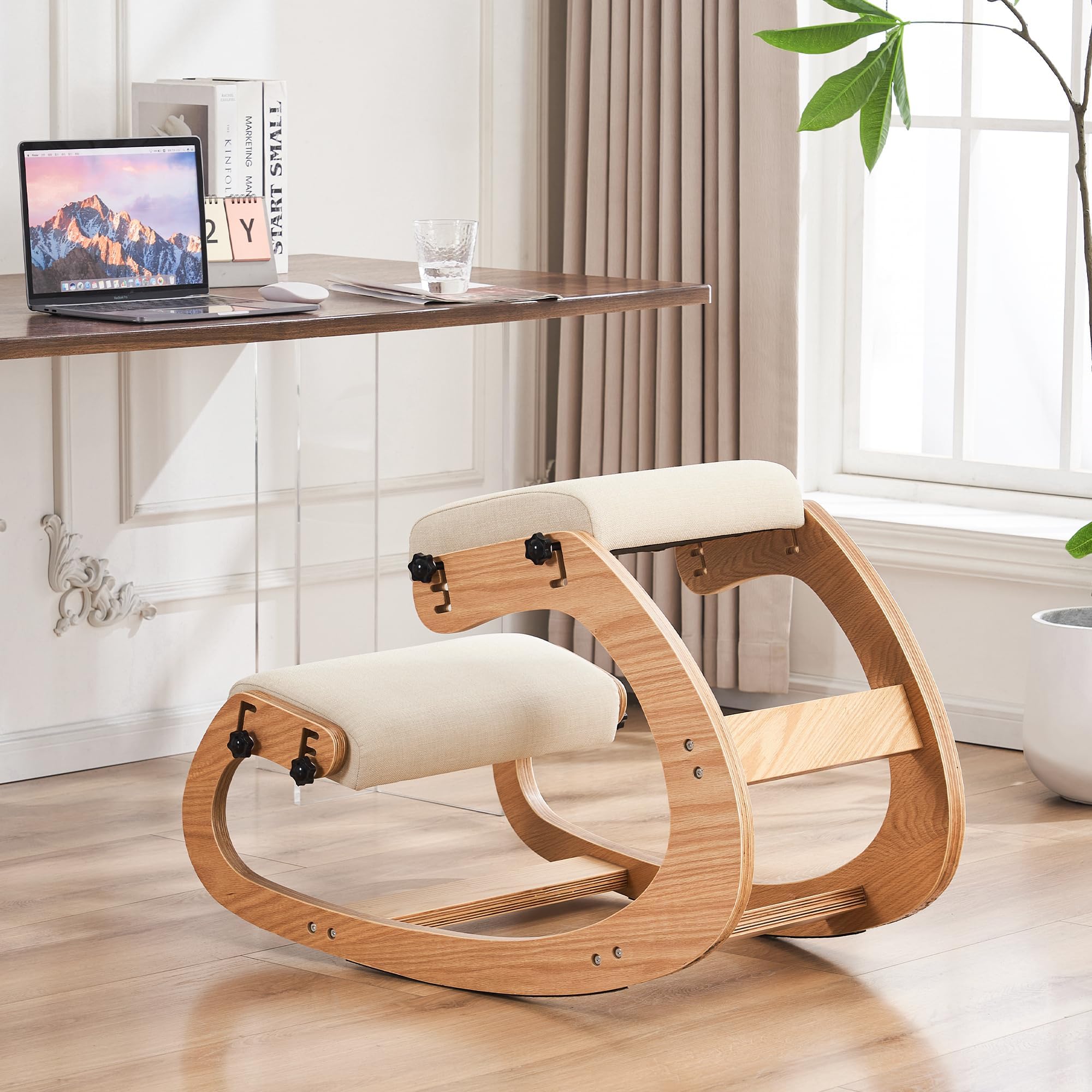 Ergonomic Kneeling Chair - Adjustable Rocking Office Chair for Back Pain Relief, Wooden Home Office Chair with Posture Support - Perfect for Work from Home, Meditation & Reading (Beige)