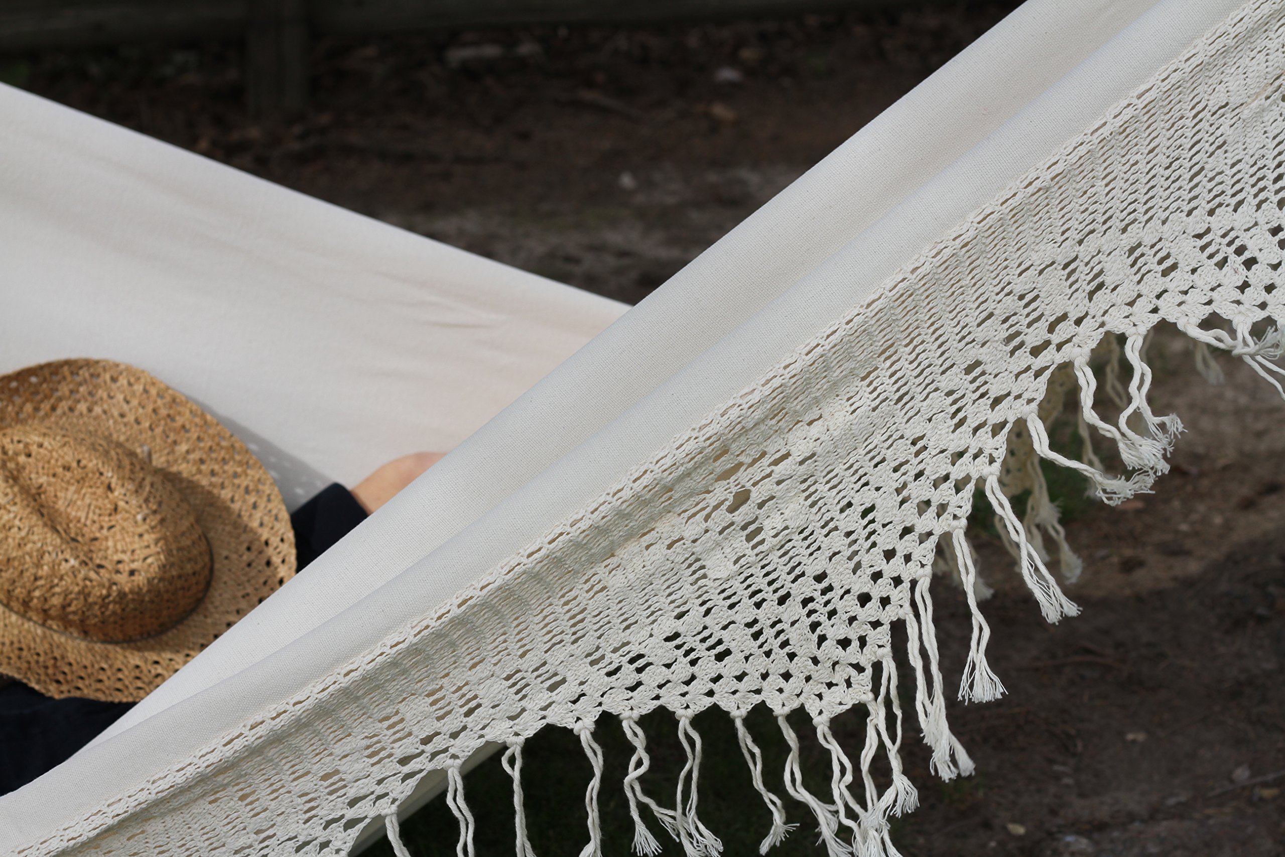 Vivere Double Deluxe Cotton Brazilian Hammock with Fringe - 450 lb Capacity - Perfect for Backyard, Patio, Beach & Camping Relaxation