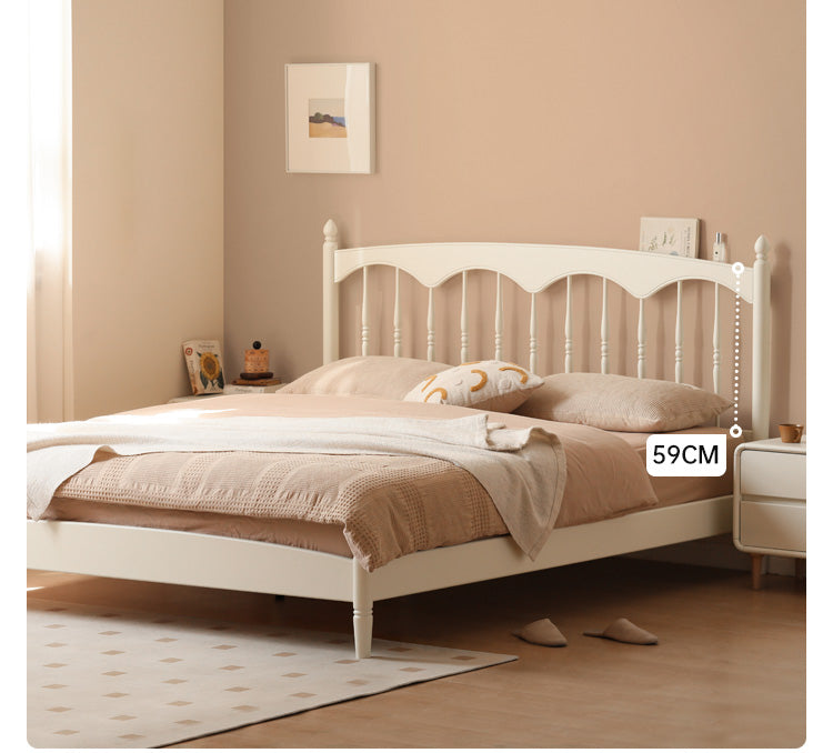French Cream Style Poplar Solid Wood Bed - Elegant & Durable Bedroom Furniture for Master Bedroom, Guest Room, or Kids Room