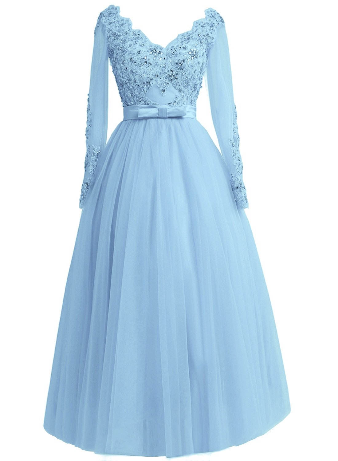 Elegant Sky Blue Backless Ball Gown with Long Sleeves - Women's US Size 12 Prom Evening Dress for Formal Events, Weddings & Special Occasions