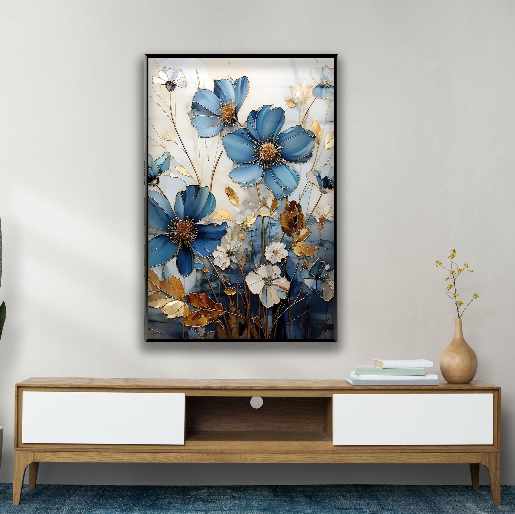 Blue and White Botanical Glass Wall Art - Handmade Floral Decor for Living Room, Bedroom, or Office - Perfect for Home and Office Decorations
