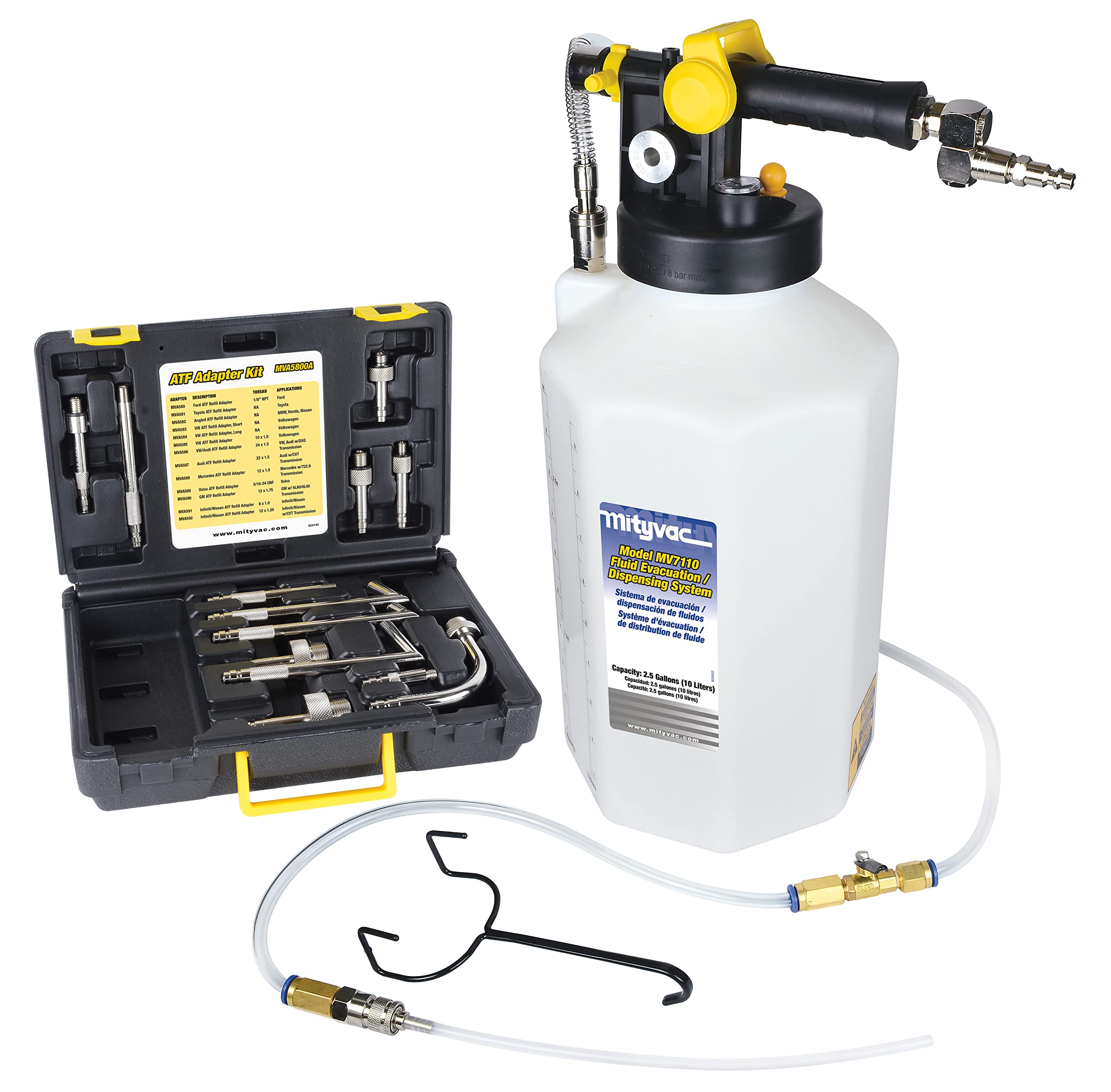 Mityvac MV7412 ATF Sealed Transmission Fluid Extractor and Refill Kit - 2.5 Gallon (10 Liter) Capacity with Compressed Air System, Isolated Flow Control & Pressure/Vacuum Switch Valves - Includes MVA575 Flexible Hose with Control Valve - Perfect for Automotive Transmission Maintenance & Fluid Changes