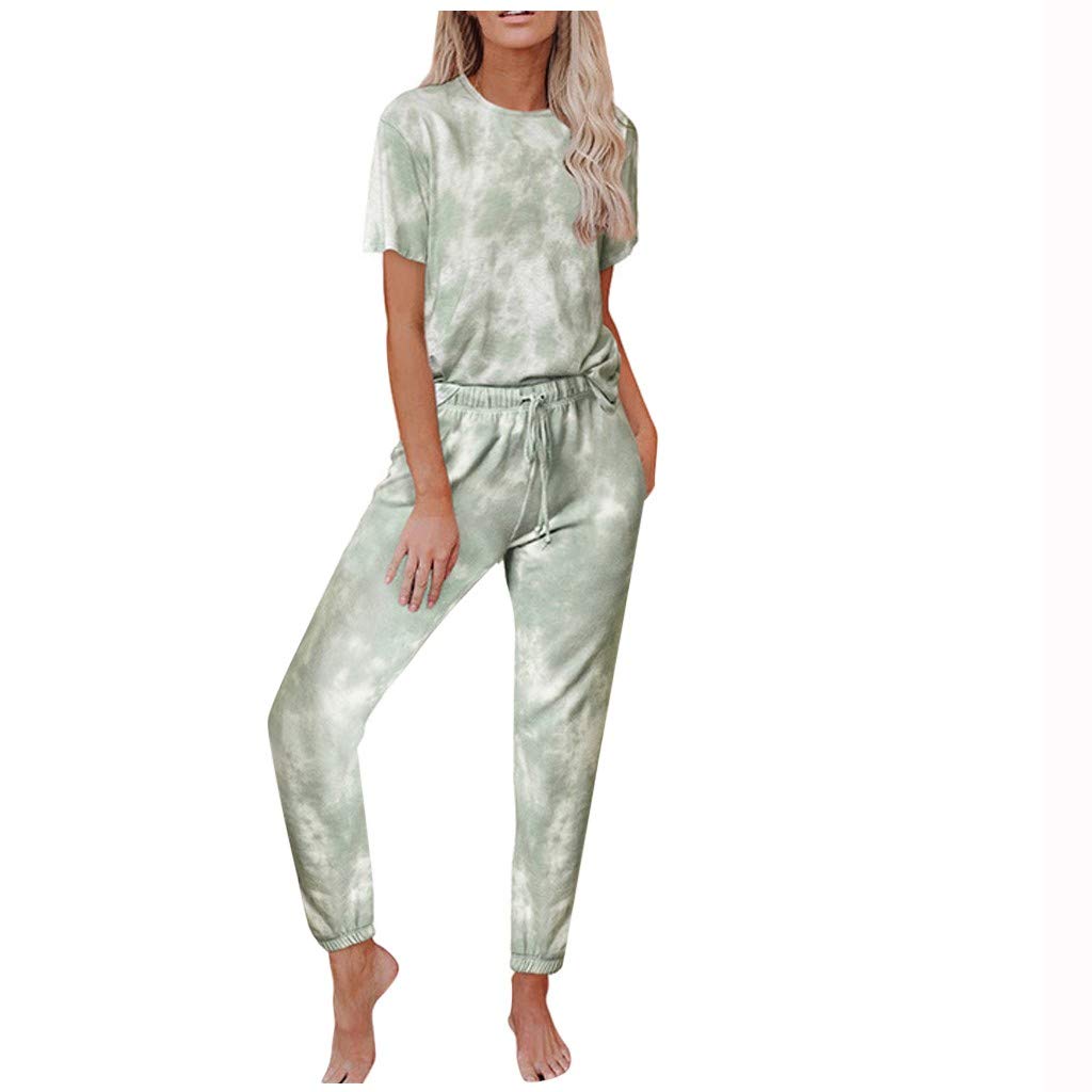 iQKA Women's Tie Dye Loungewear Set - Short Sleeve Top & Long Pants Pajama Jogger Outfit (2-Piece) | Soft & Comfortable for Sleep, Yoga, and Home Relaxation