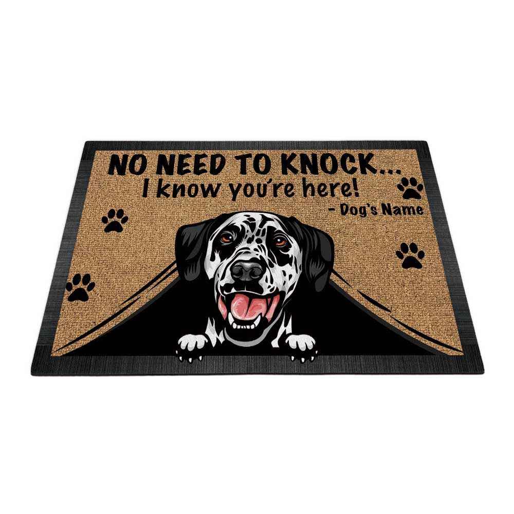 Personalized Doormat - Cute Peeking Dalmatian Dog Design - 'No Need to Knock I Know You're Here' - 23.6 x 15.7 Inch Non-Slip Welcome Mat for Front Door, Porch, or Entryway - Perfect Housewarming Gift for Dog Lovers