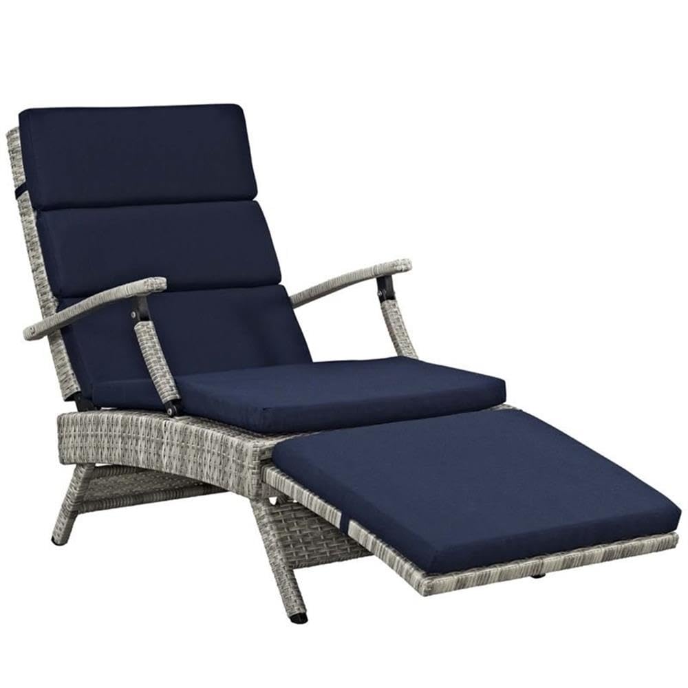 Modern Wicker Patio Lounge Chair - Navy Blue Rattan Outdoor Furniture for Poolside, Garden & Backyard Relaxation