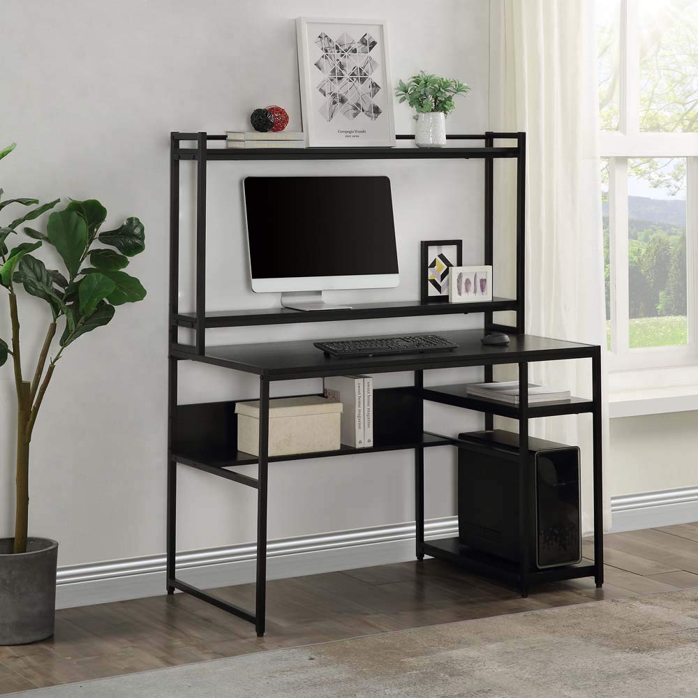 Ergonomic Home Office Computer Desk with 2-Tier Bookshelf & Open Storage Shelf | Removable Monitor Riser | Space-Saving Workstation for Small Office & Study Room | Modern Brown & Black Finish | Perfect for Remote Work & Online Learning