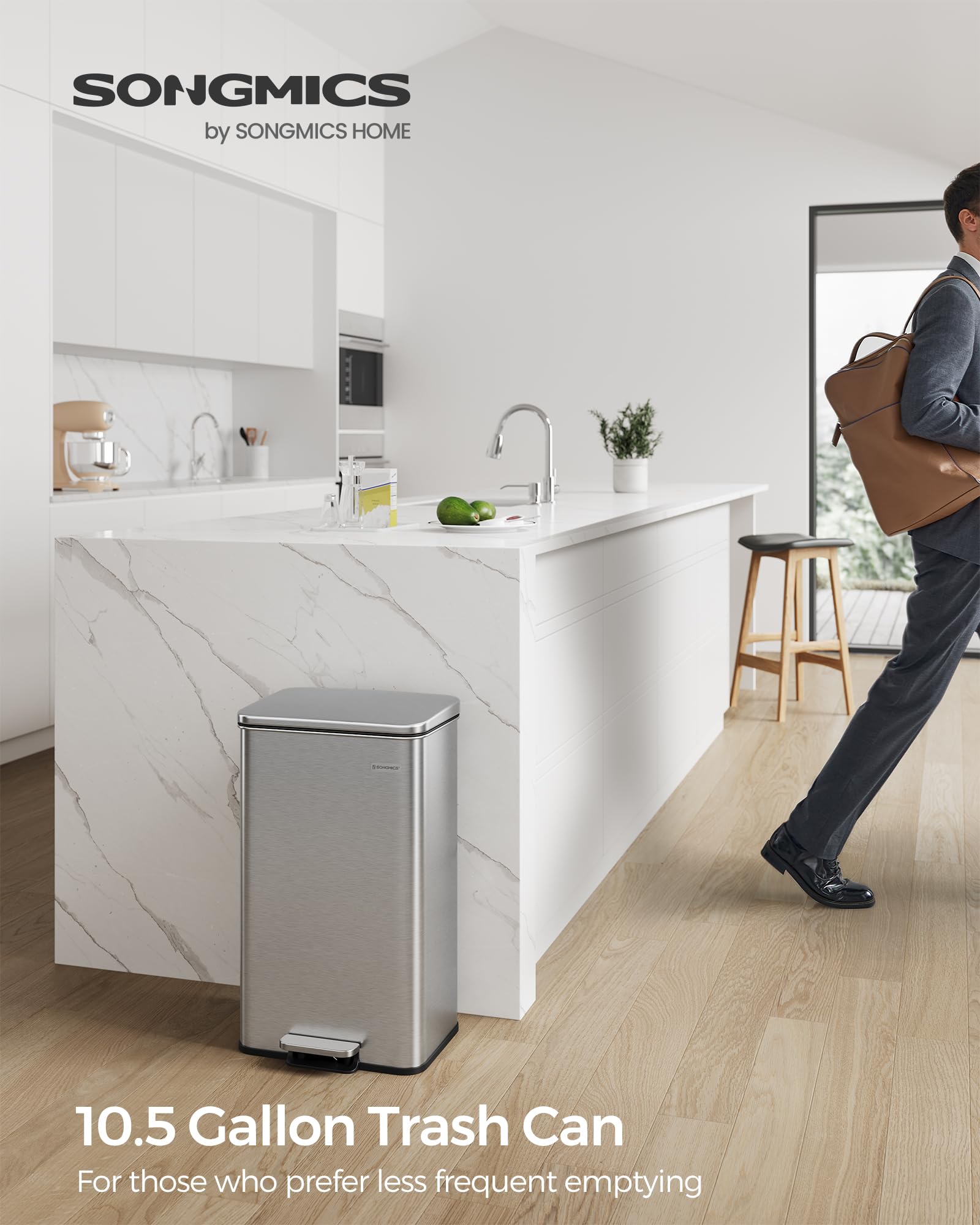 SONGMICS 10.5 Gallon Stainless Steel Step Trash Can with Soft Close Lid - 40L Large Kitchen Garbage Bin Includes 15 Trash Bags (Silver, ULTB540E40) - Perfect for Home, Office, Restaurant & Commercial Use