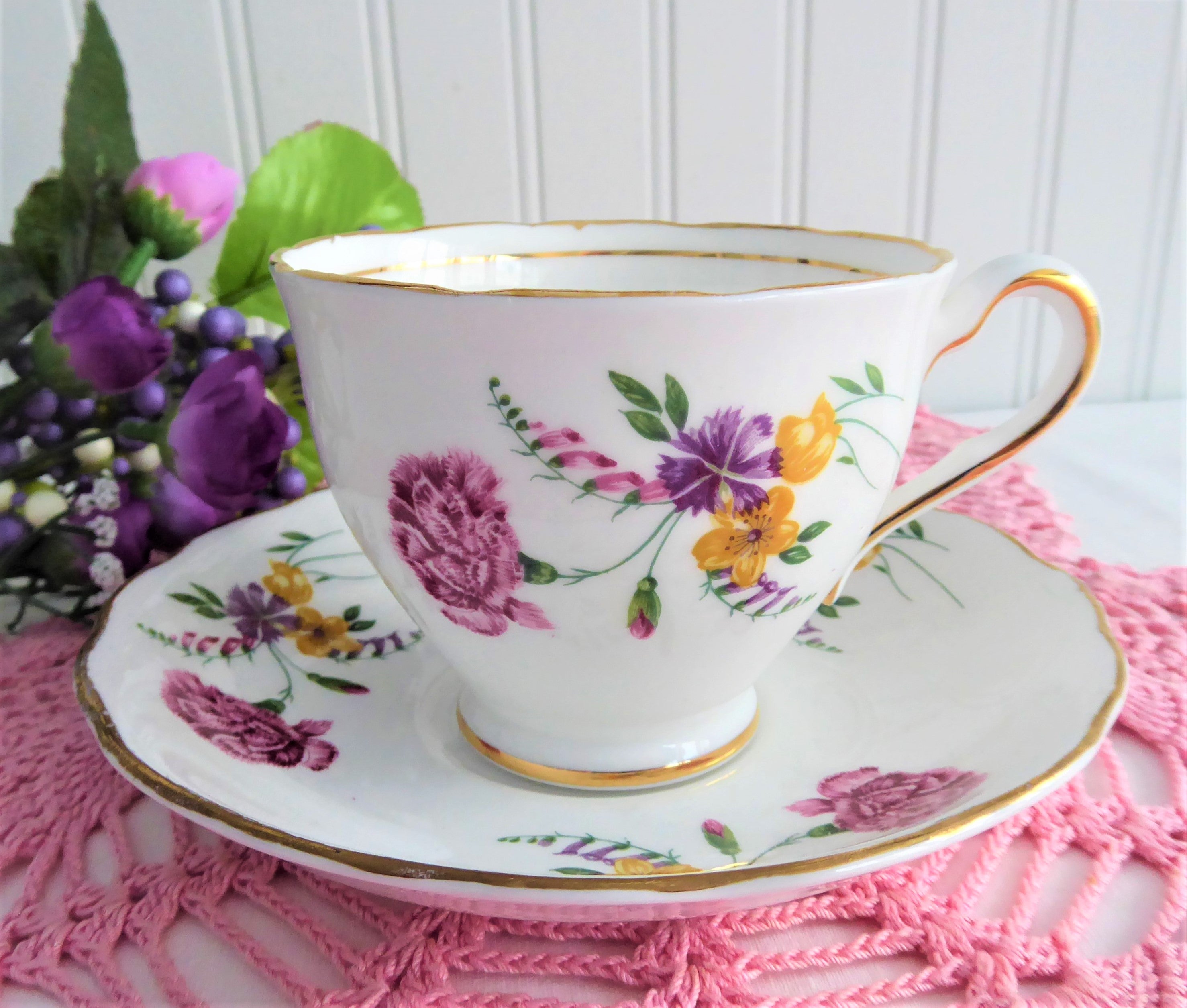 Vintage Pink Carnations Cup and Saucer Set - Colclough Wild Flower Bouquets 1950s - Perfect for Afternoon Tea, Collectibles, and Retro Home Decor
