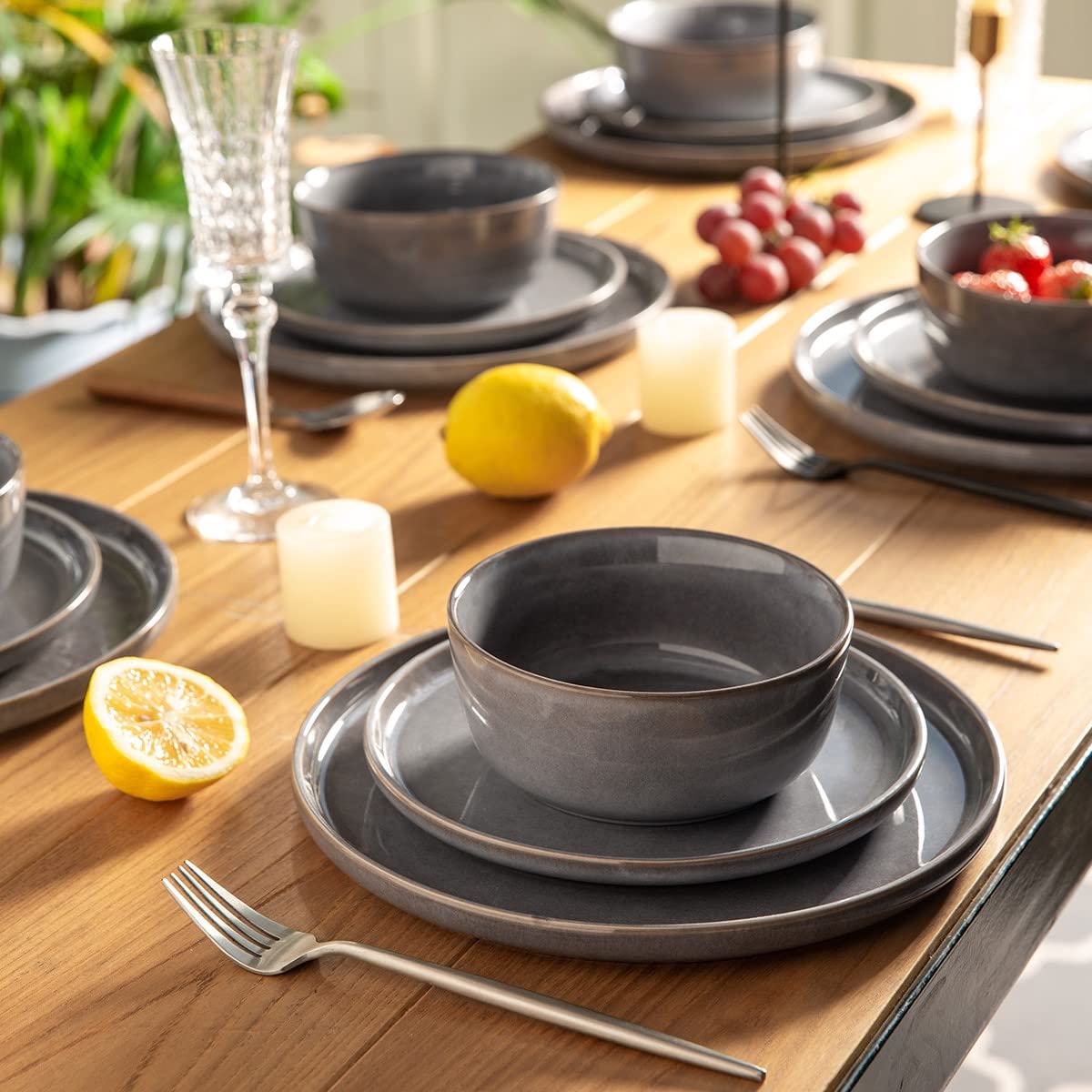 AmorArc 12-Piece Stoneware Dinnerware Set - Round Reactive Glaze Ceramic Plates & Bowls - Chip & Crack Resistant - Dishwasher & Microwave Safe - Service for 4 - Perfect for Family Dinners, Entertaining Guests & Everyday Use