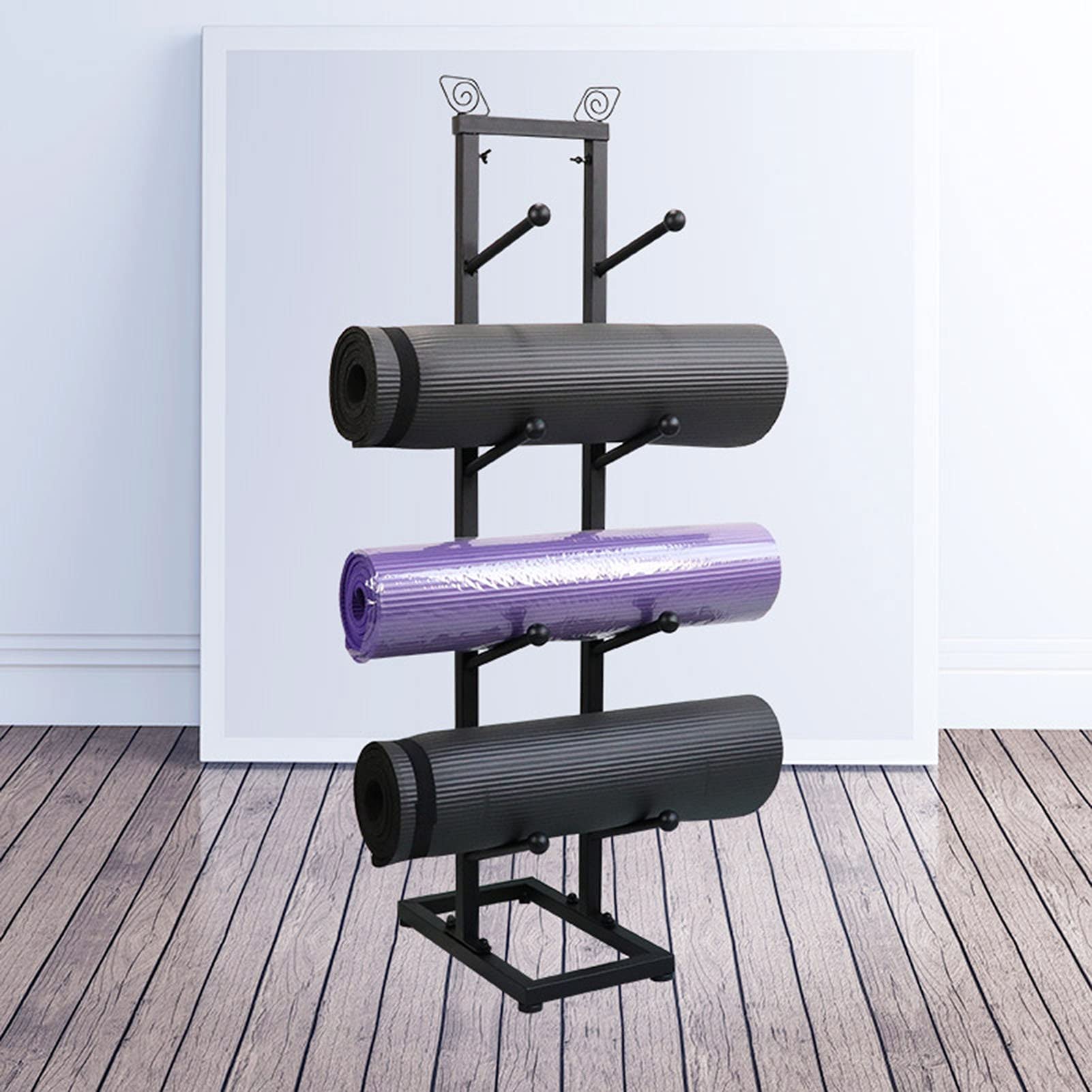4-Tier Black Metal Yoga Mat Storage Rack - Foam Roller Holder Shelf for Home Gym Organization - Perfect for Exercise Mats, Pilates Mats & Fitness Equipment (Ideal for Small Spaces & Home Workouts)