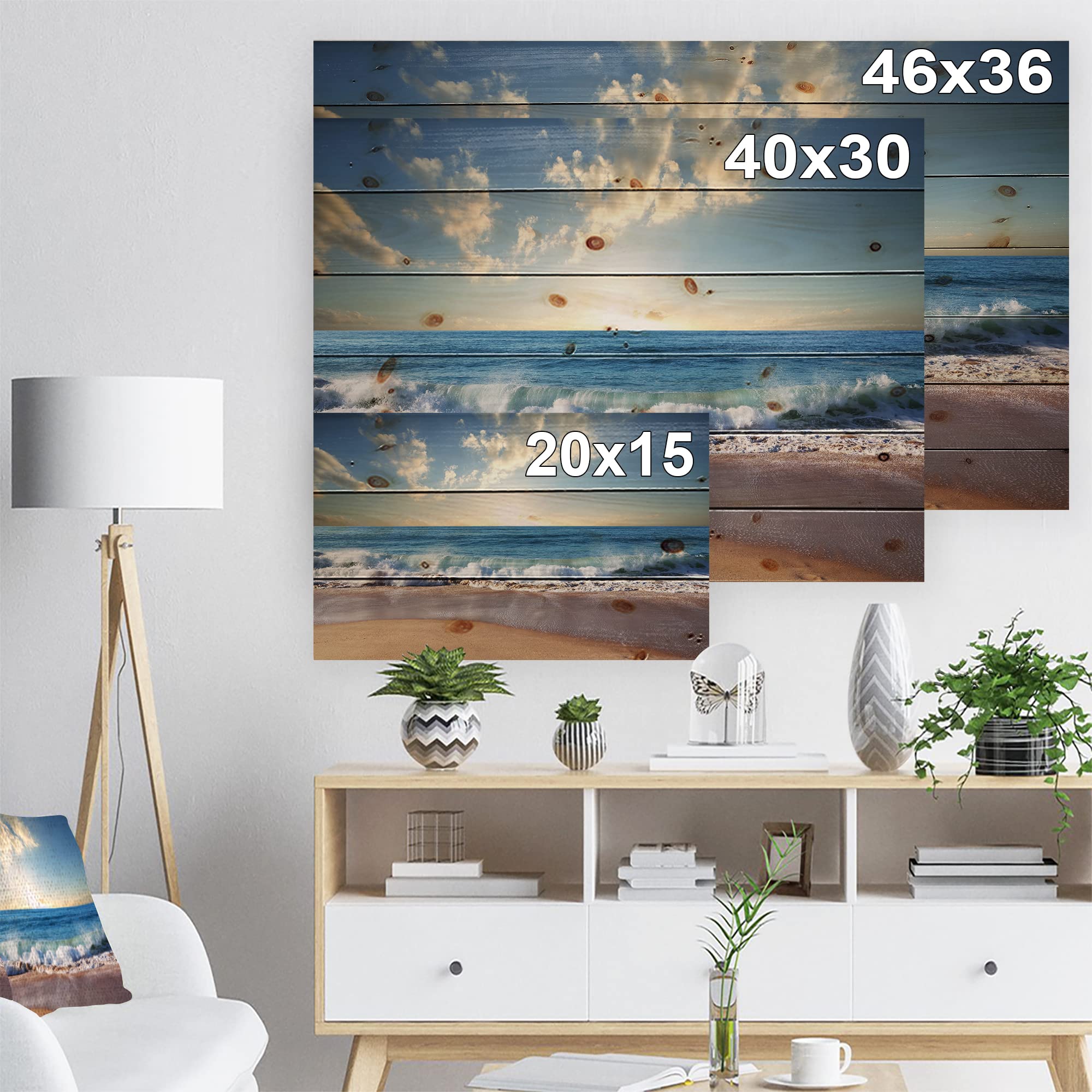 DesignQ Sea Sunset Nautical Coastal Wood Wall Art - Blue Beach Decor Large Pine Wood Wall Panels for Living Room, Bedroom & Coastal Home Decor