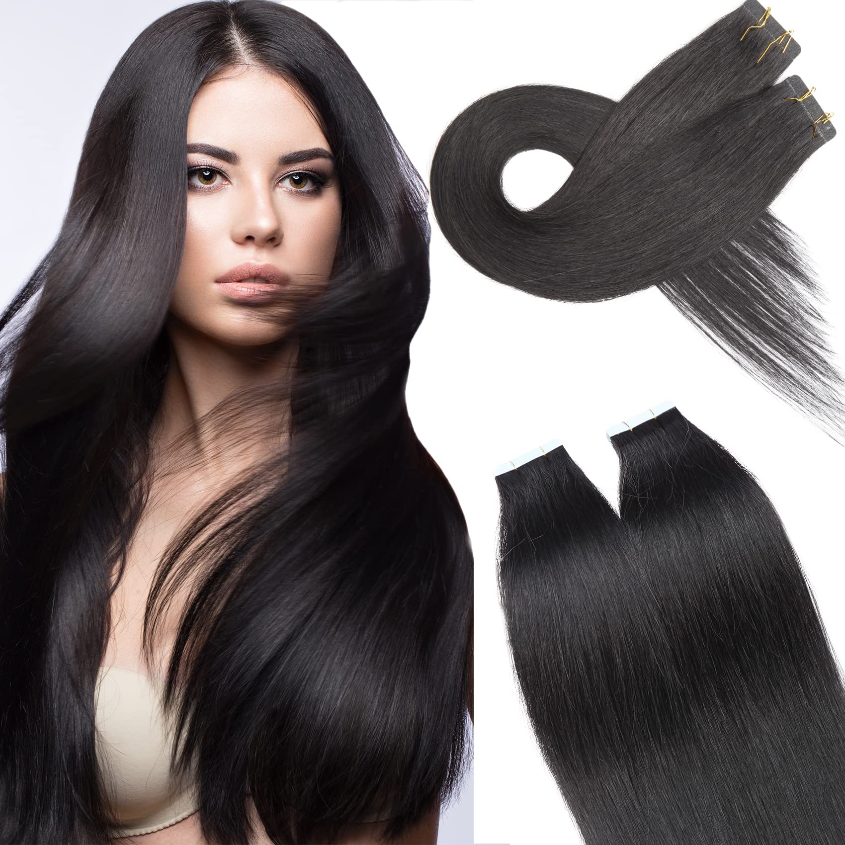100% Remy Human Hair Silk-co Tape in Hair Extensions - 40 Pcs, 22'', Jet Black (#01) - Seamless Straight Skin Weft Hair Pieces (100g/Set) for Volume & Length - Perfect for Weddings, Parties & Daily Styling
