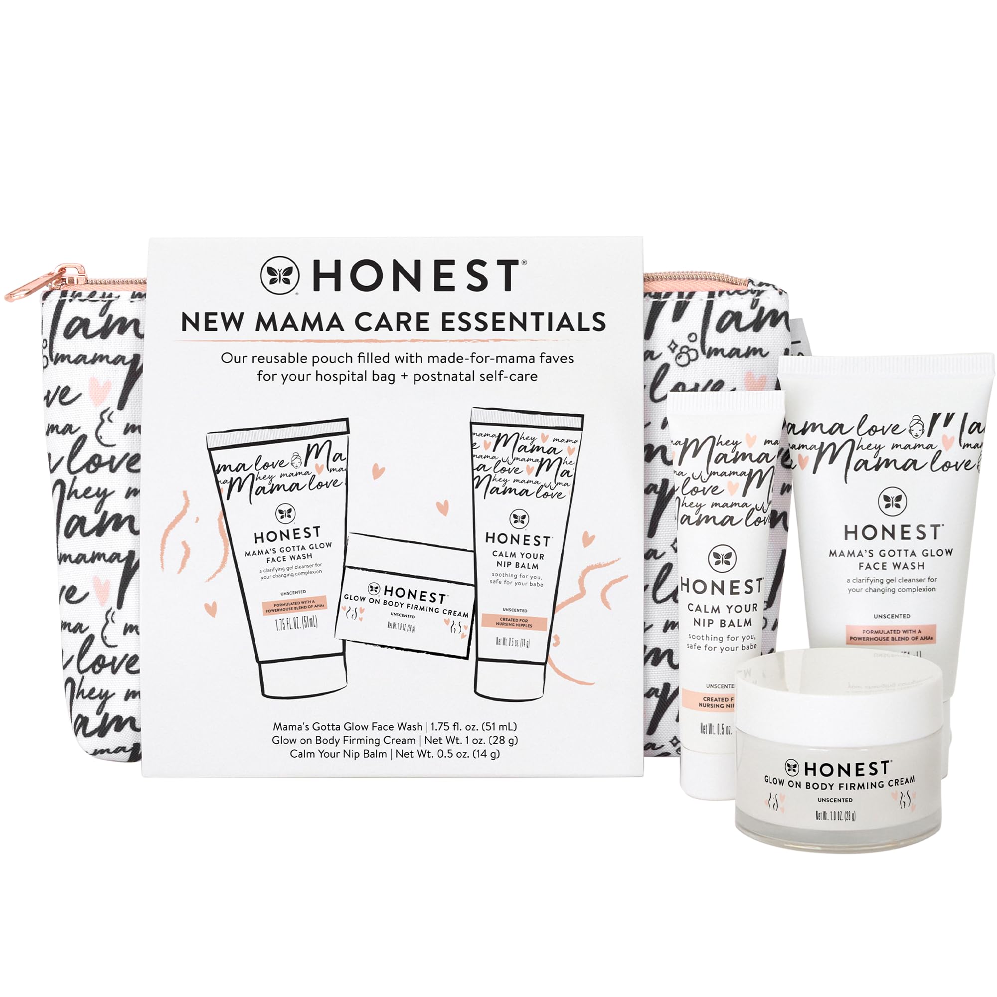 The Honest Company New Mama Care Essentials Gift Set - Organic Postpartum Must Haves for Hospital Bag & Travel | 0.5oz Nipple Balm, 1oz Body Cream, 1.75oz Face Wash with Reusable Pouch | Perfect New Mom Gift for Pregnancy, Baby Shower & Post-Delivery Recovery