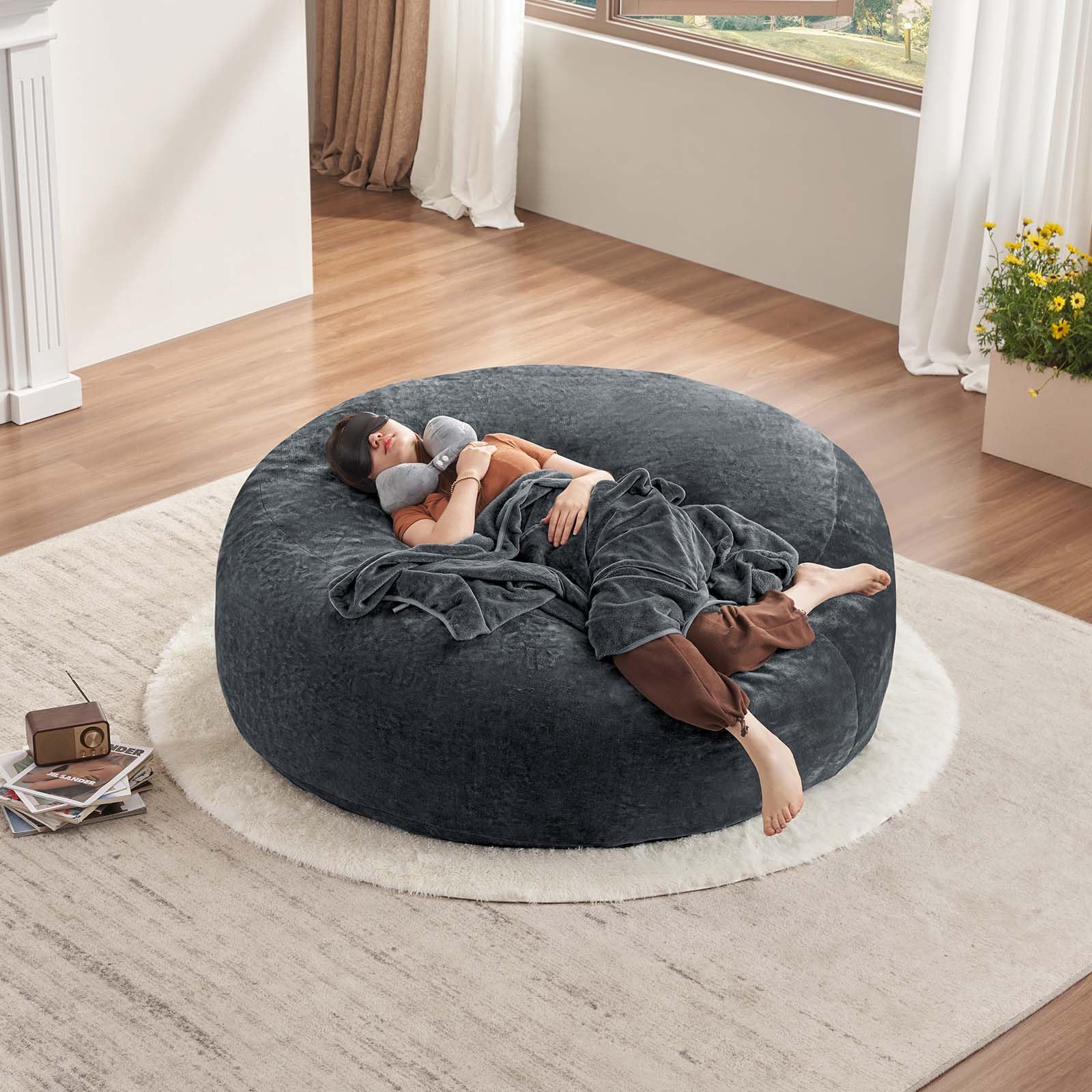 5FT Oversized Memory Foam Bean Bag Chair with Filler Included - Giant Plush Lounge Chair for Living Room, Bedroom & College Dorm - Perfect for Relaxing, Reading & Gaming (Dark Grey)
