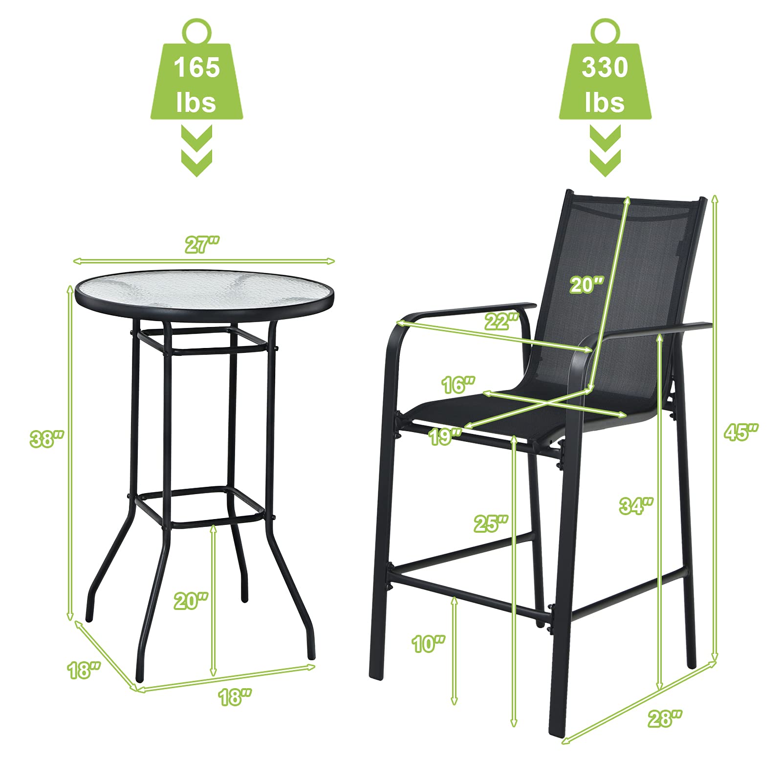 Tangkula 3-Piece Outdoor Bar Set - 2 Bar Stools & 1 Tempered Glass Table - Patio Bistro Set for Backyard, Garden, Lawn, Balcony - Black - Perfect for Outdoor Dining, Entertaining & Relaxation