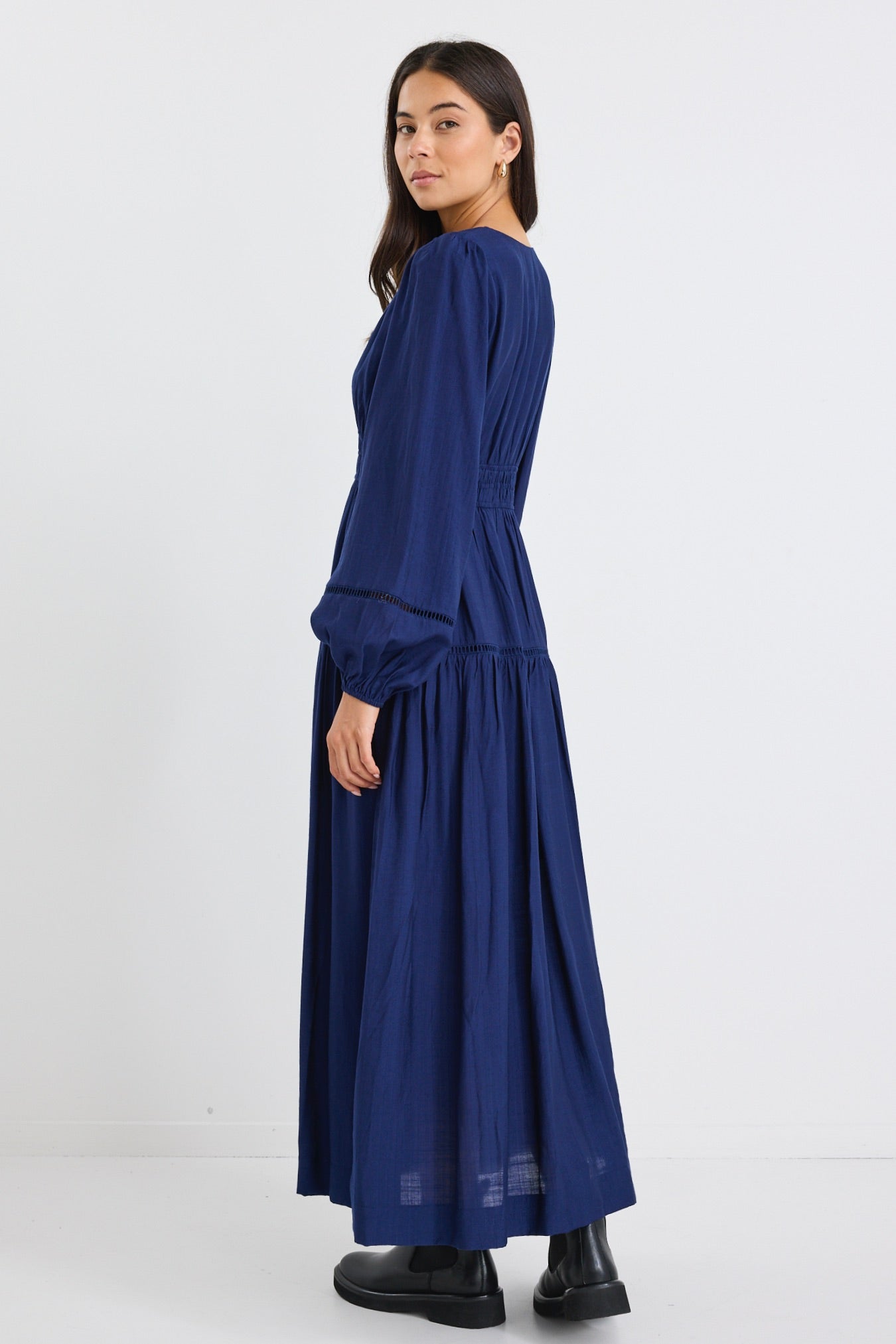Divine Navy Blue Balloon Sleeve Flowy Maxi Dress for Women - Beach Wedding, Summer Vacation & Boho Party Outfit