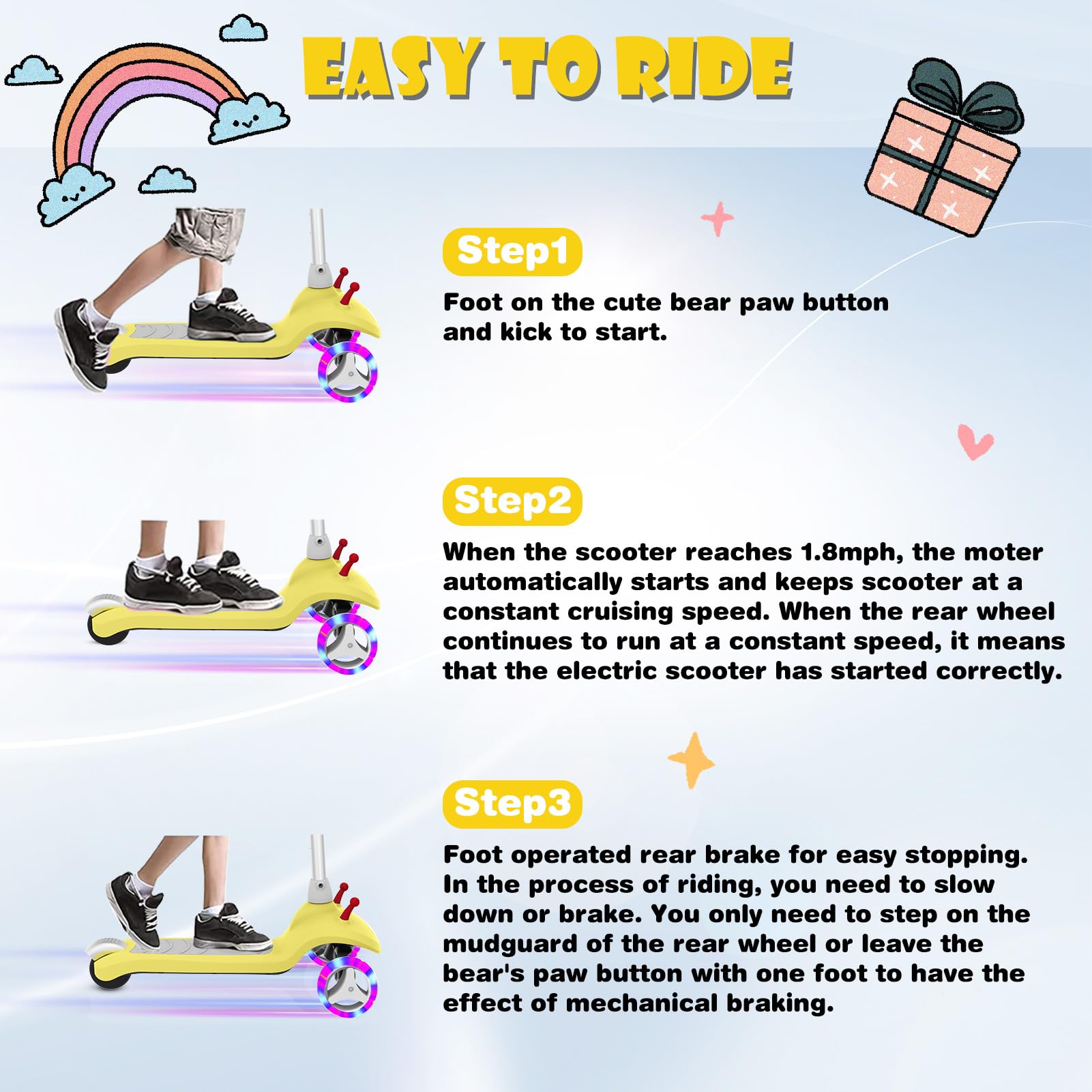 Best Electric Scooter for Kids Ages 3-8 - 3-Wheel LED Light-Up Scooter with Adjustable Height & Lean-to-Steer Design | Safe C-Shaped Handle | Perfect Birthday Gift for Boys & Girls | Ideal for Park Rides, Neighborhood Commuting & Outdoor Fun