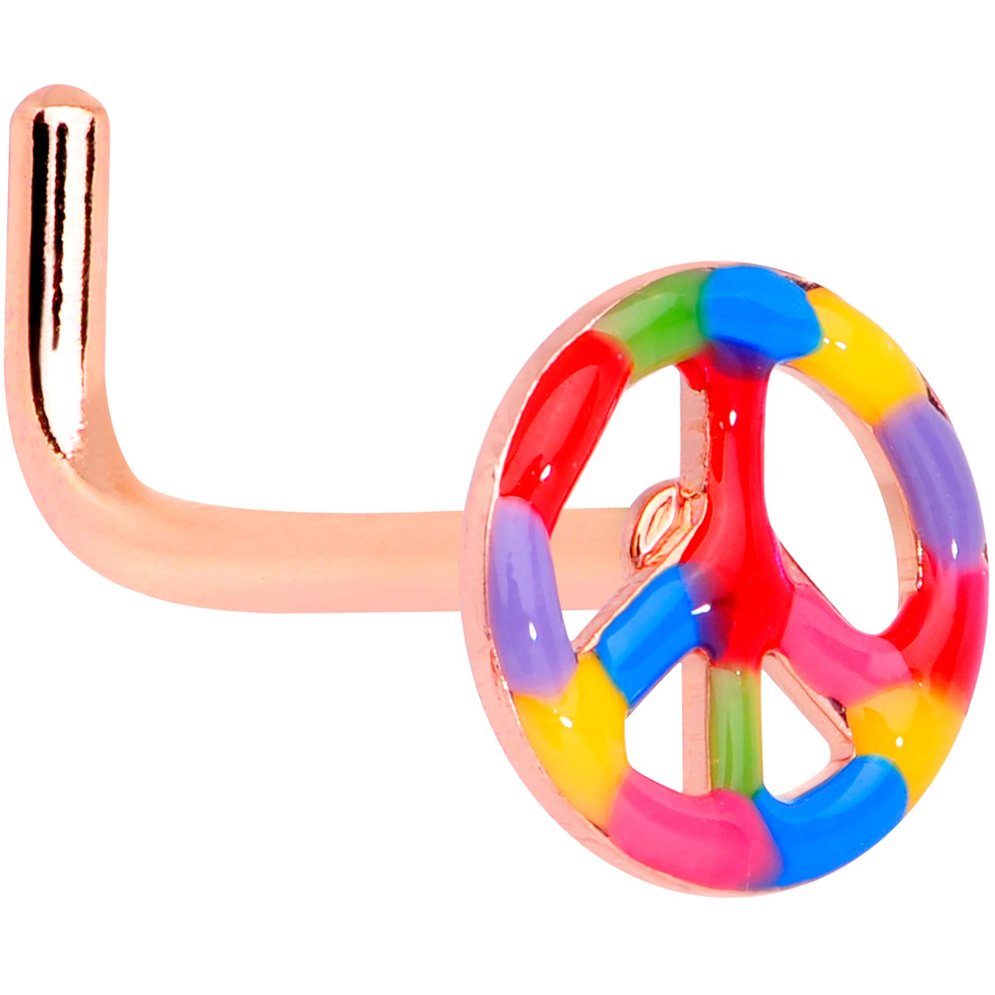 Anodized Steel L-Shaped Nose Ring - Rainbow Peace Nose Stud Body Piercing Jewelry (5/16