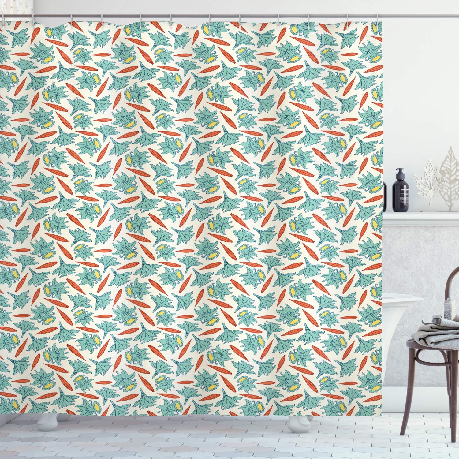 Ambesonne Floral Shower Curtain - Retro Flower Design with Pastel Tones, Soft Fabric Bathroom Decor Set with Hooks, 69