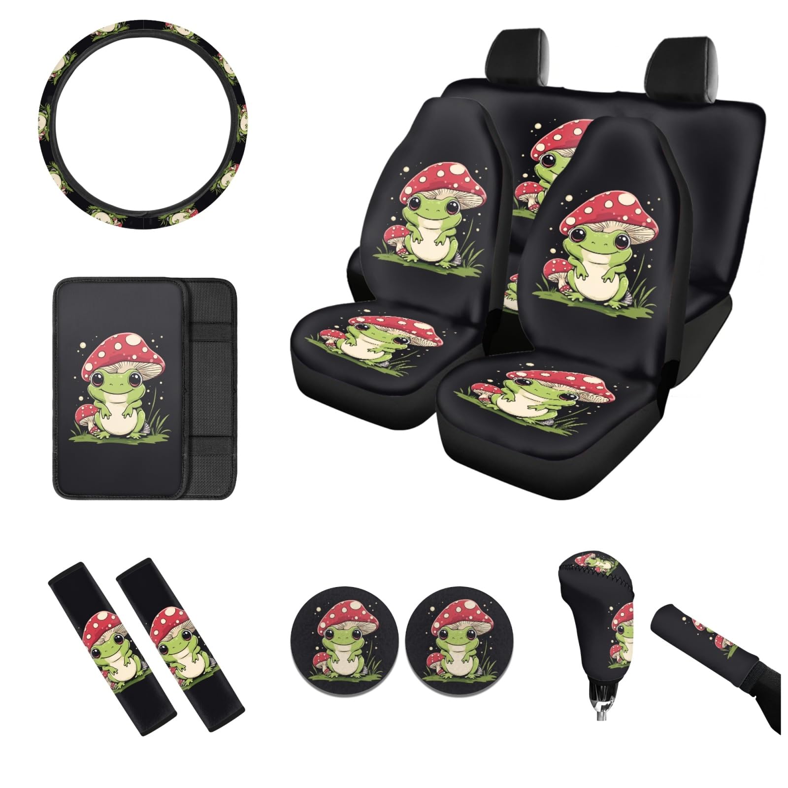 12-Piece Frog Mushroom Car Seat Cover Set - Split Bench Protector, Steering Wheel Cover, Seat Belt Pad, Car Coaster & Console Cover for Men & Women - Cute Cartoon Car Accessories for Sedans, SUVs & Trucks