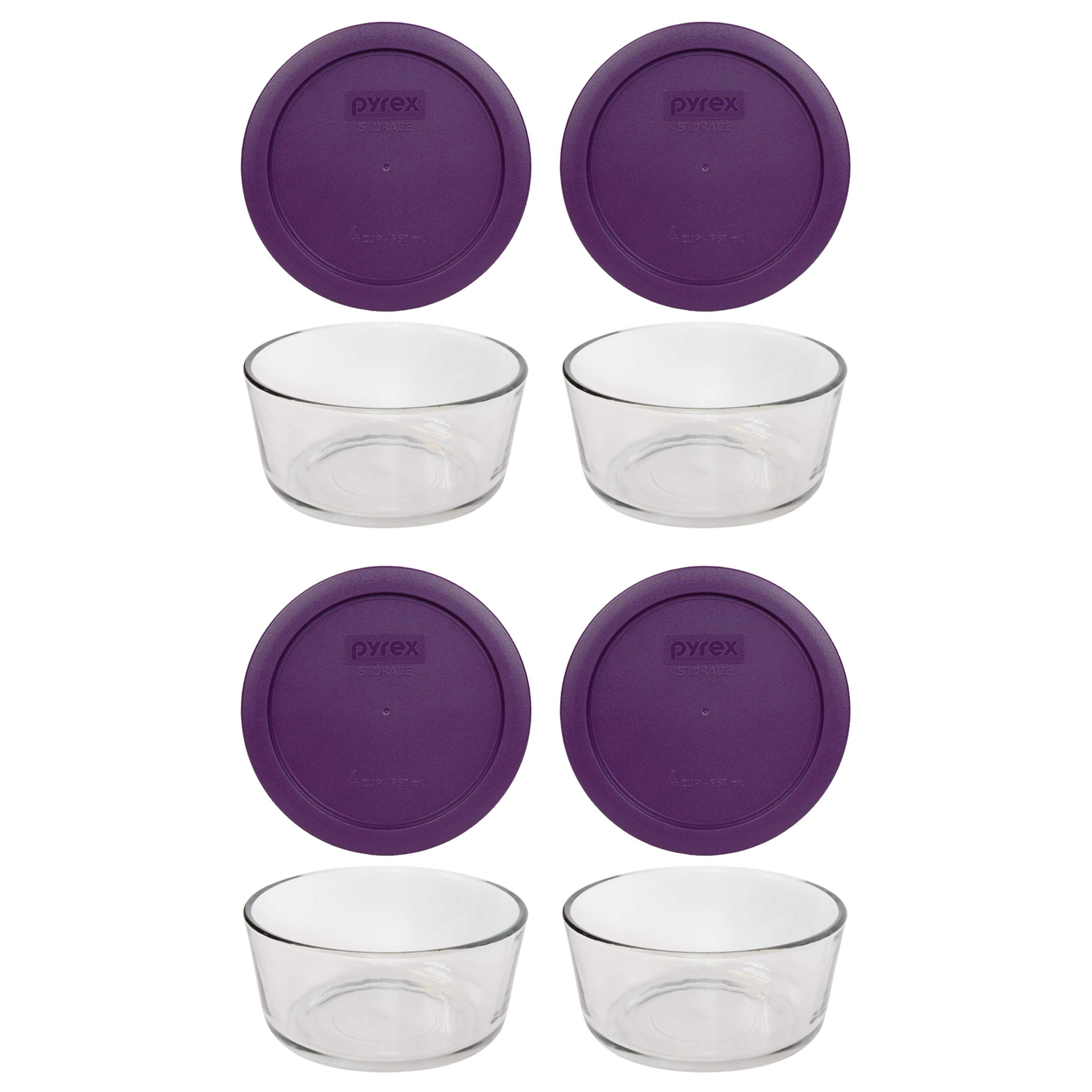 Pyrex 4-Cup Glass Storage Dishes with Purple Lids (Set of 4) - BPA-Free, Made in USA - Perfect for Meal Prep, Leftovers & Refrigerator Organization