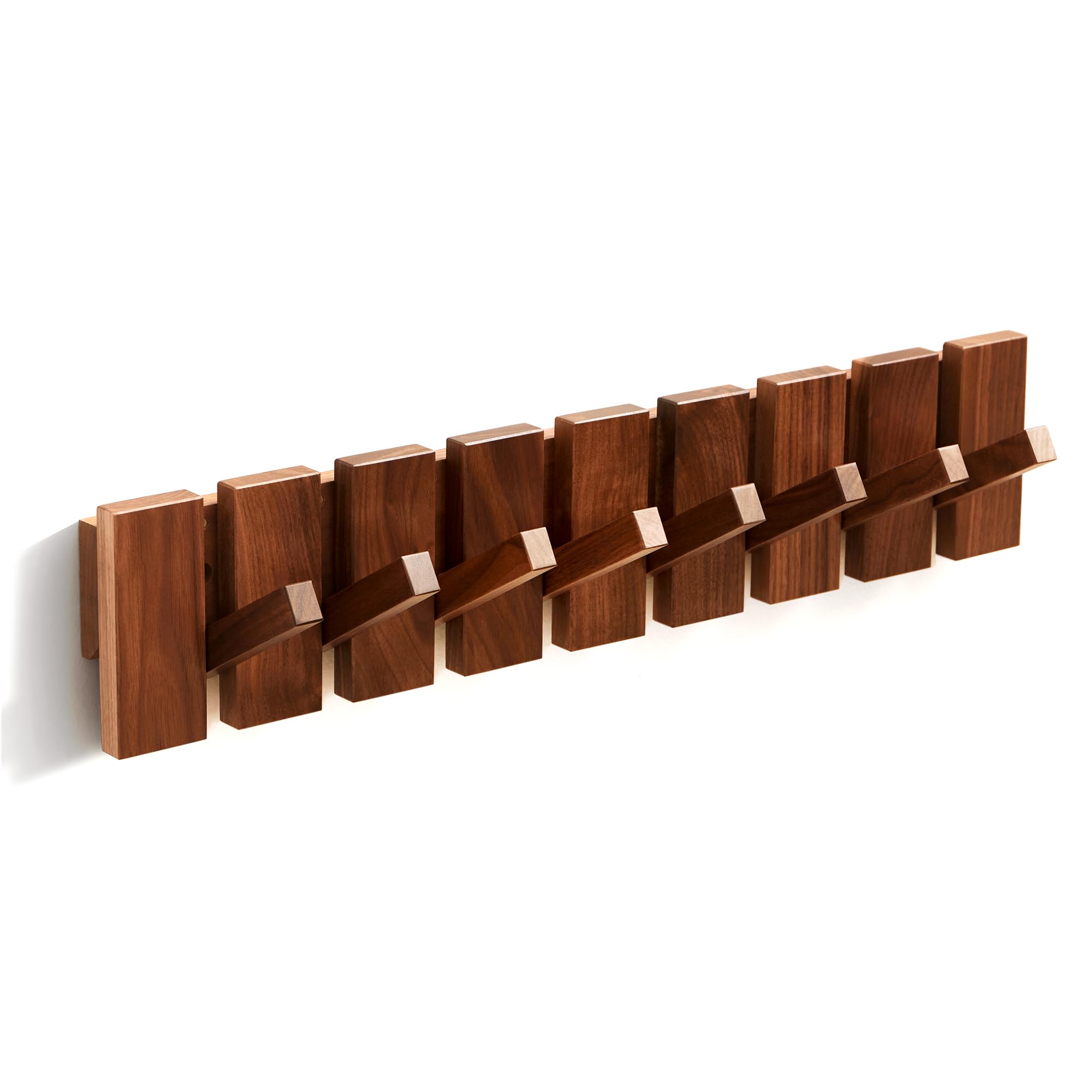 Sturdy Walnut Wood Wall Mounted Coat Rack with 8 Heavy Duty Hooks - Perfect for Hanging Coats, Keys, Hats, Robes, Towels, Plants & Bags - Ideal for Entryway, Bedroom, Bathroom & Mudroom Organization