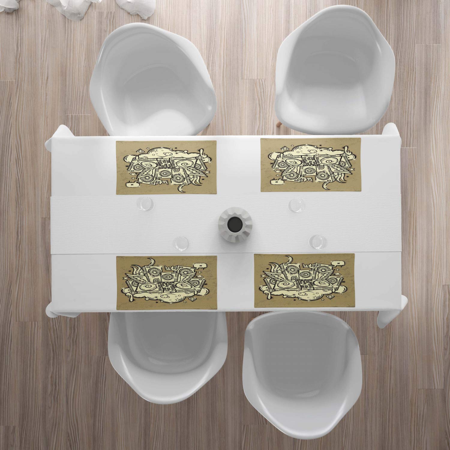 Lunarable Rap Place Mats Set of 4 - Hand-Painted DJ Disco Design with Speakers & Crown Music Theme | Washable Fabric Dining Mats for Kitchen & Restaurant Decor in Tan Cream & Black | Perfect for Parties, Music Lovers & Entertainment Events