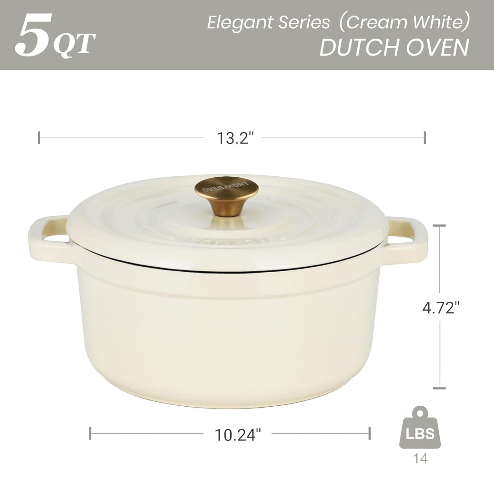 Overmont 5QT Enameled Cast Iron Dutch Oven with Lid - Heavy Duty Cookware for Braising, Stews, Roasting & Bread Baking - Includes Free Cookbook & Cotton Potholders - Perfect for Home Cooking, Camping & Outdoor Use (White)