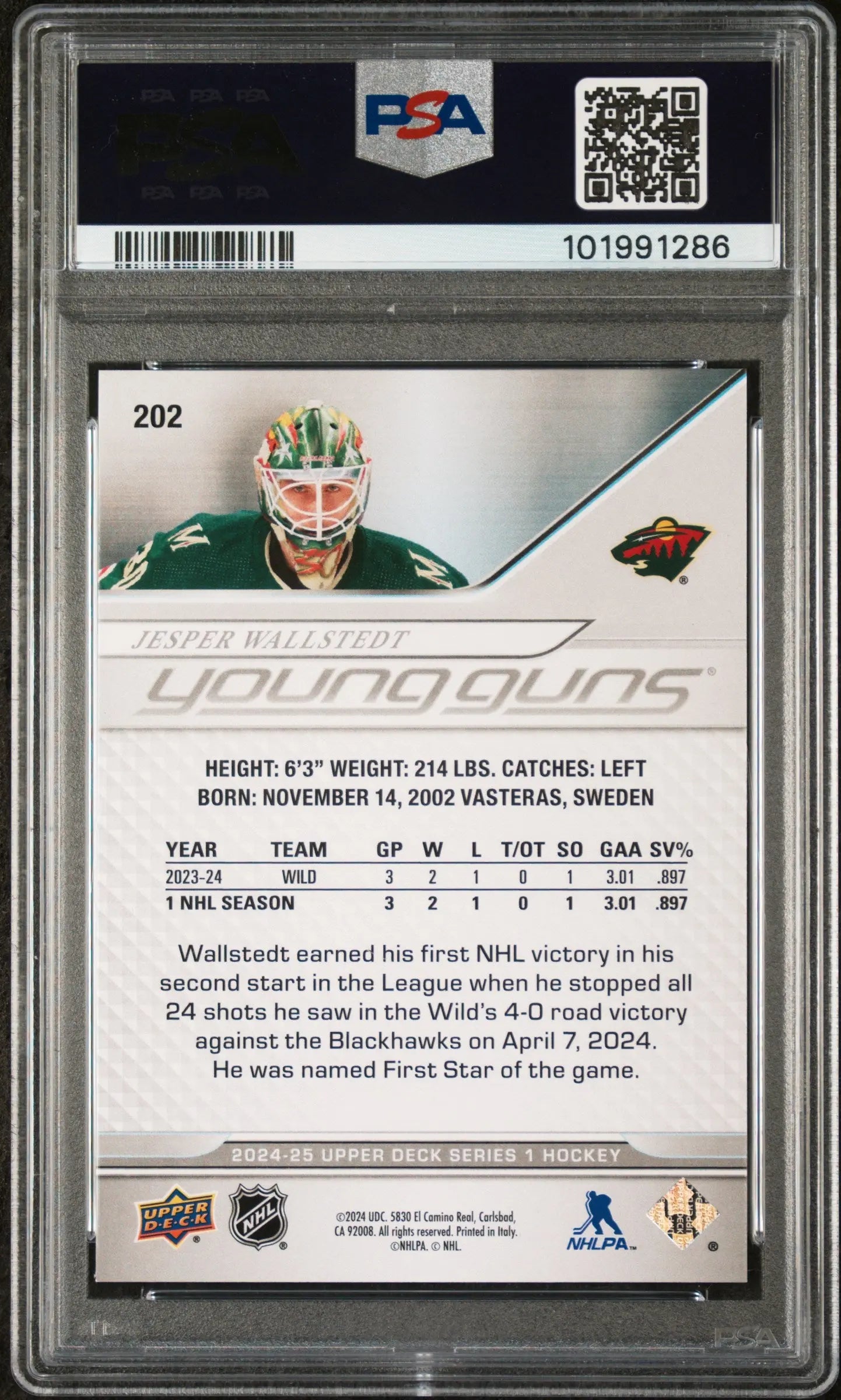 2024-25 Upper Deck Series 1 Hockey Jesper Wallstedt Young Guns PSA 8 Graded Rookie Card - Perfect for Collectors, Investors & Hockey Fans Display
