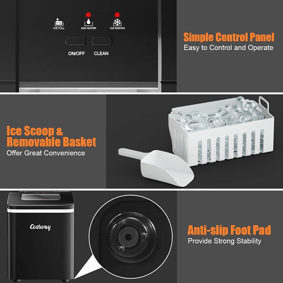 COSTWAY 26Lbs/24H Portable Countertop Ice Maker with Self-Cleaning Function - Makes Bullet Ice Cubes in 8 Minutes - Includes Scoop & Removable Basket - Perfect for Home, Office, Parties, Bars, and Outdoor Gatherings - Black