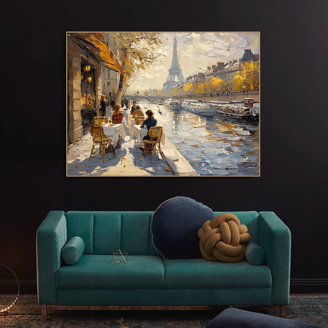 Afternoon at the Seine Painting - Impressionist Wall Art Decor for Living Room, Bedroom & Office - Paris River Landscape Canvas Print