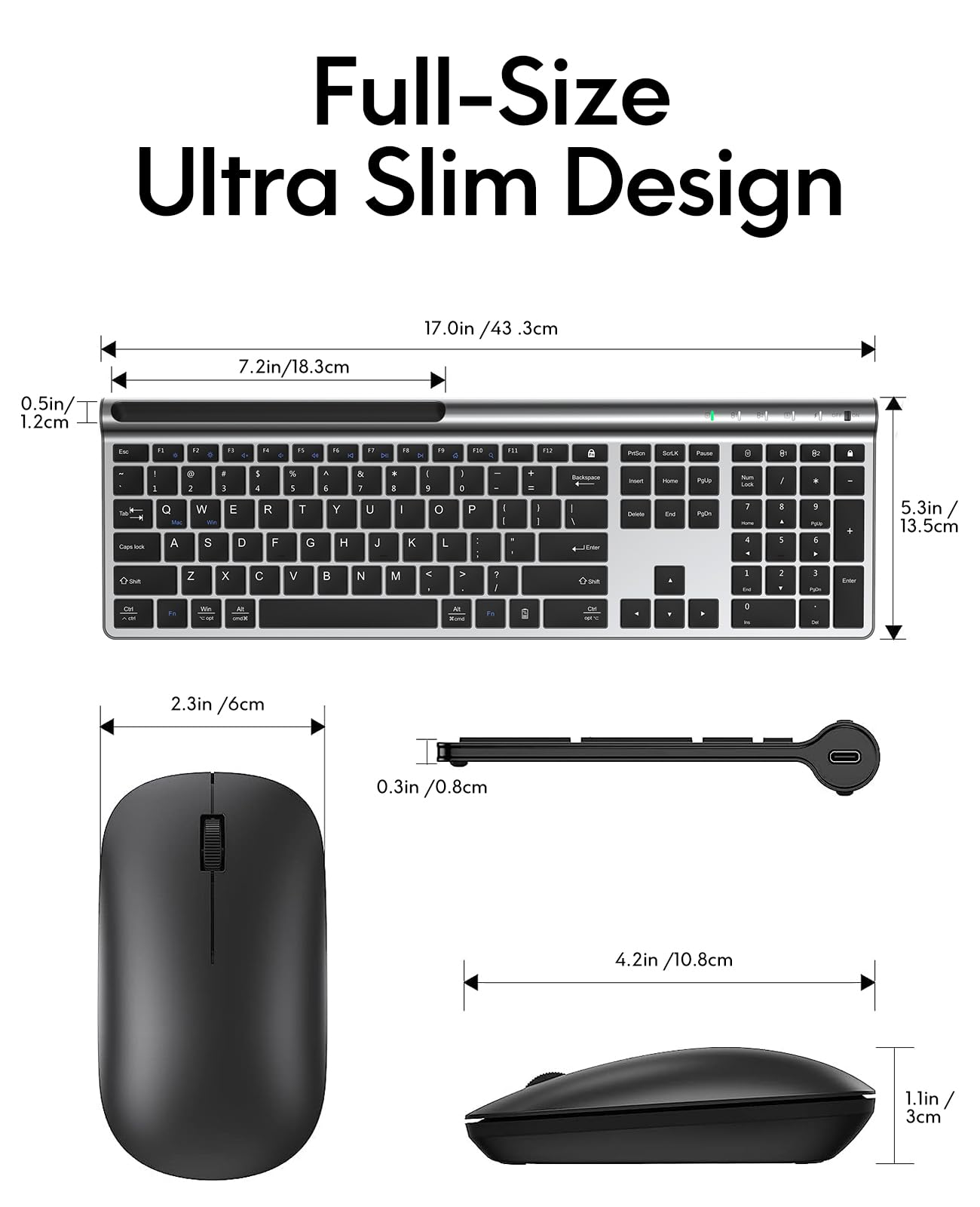 CHESONA Wireless Keyboard and Mouse Combo with Phone Stand - Rechargeable Full-Size Multi-Device Bluetooth 5.0/3.0/2.4G for Windows, Mac, iOS, Android - Silver Black for Home Office, Gaming & Remote Work