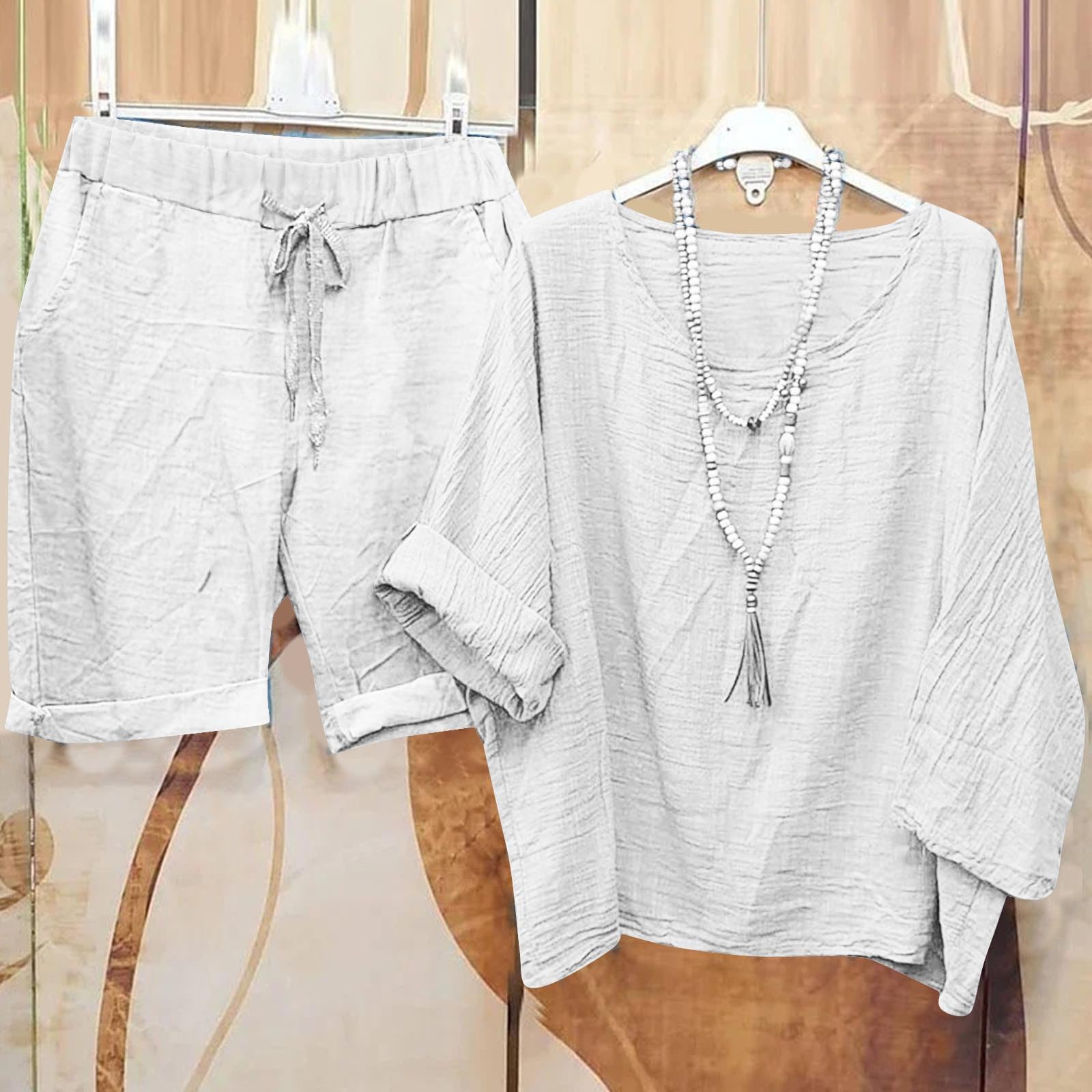 Women's Soft Comfy 2-Piece Pajama Set with Shorts & 3/4 Sleeve Crewneck Top - Loose Fit Sleepwear & Lounge Wear for Relaxing at Home or Traveling