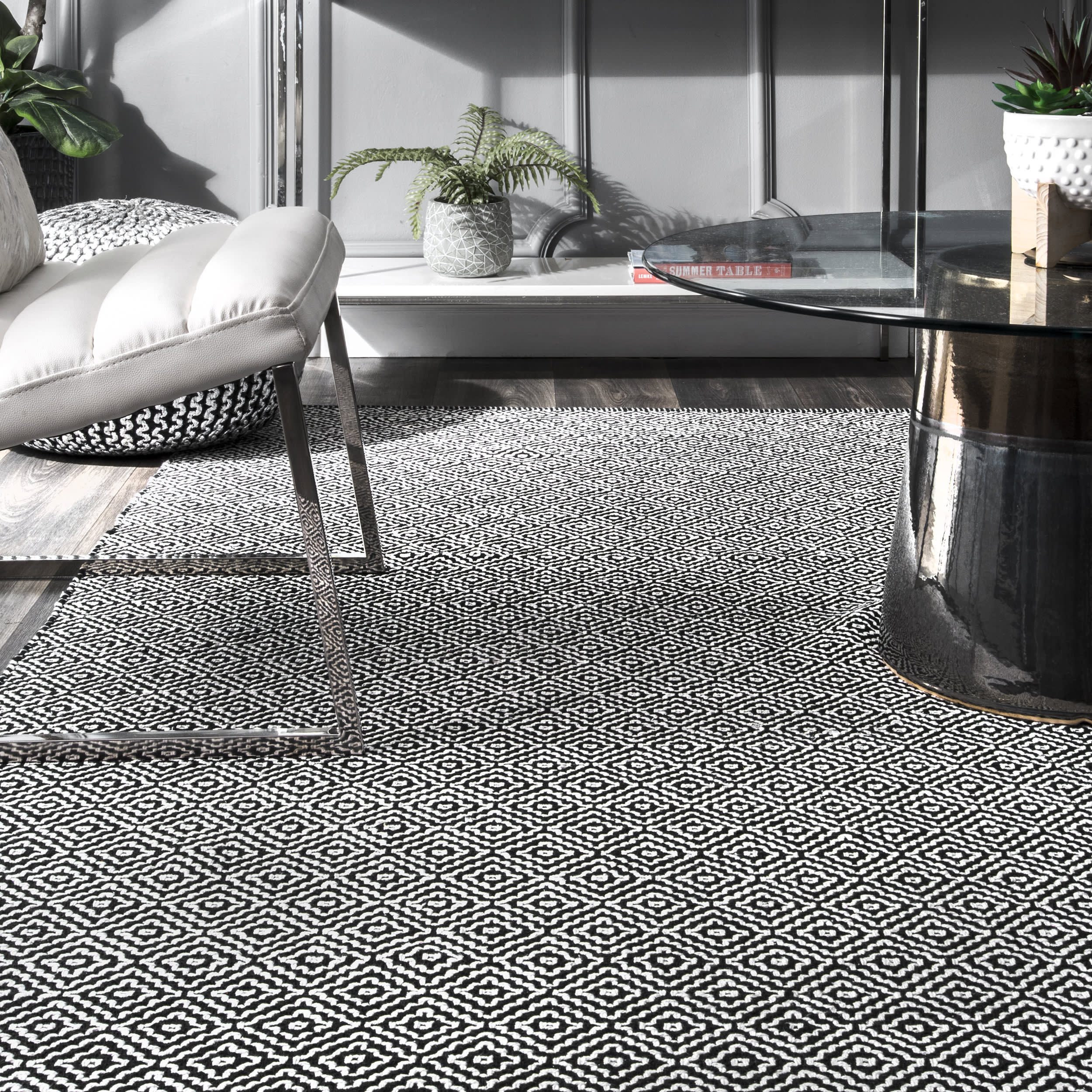 Premium Diamond Cotton Check Flatwoven Rug - Black | Stylish and Durable Area Rug for Living Room, Bedroom, or Office Decor
