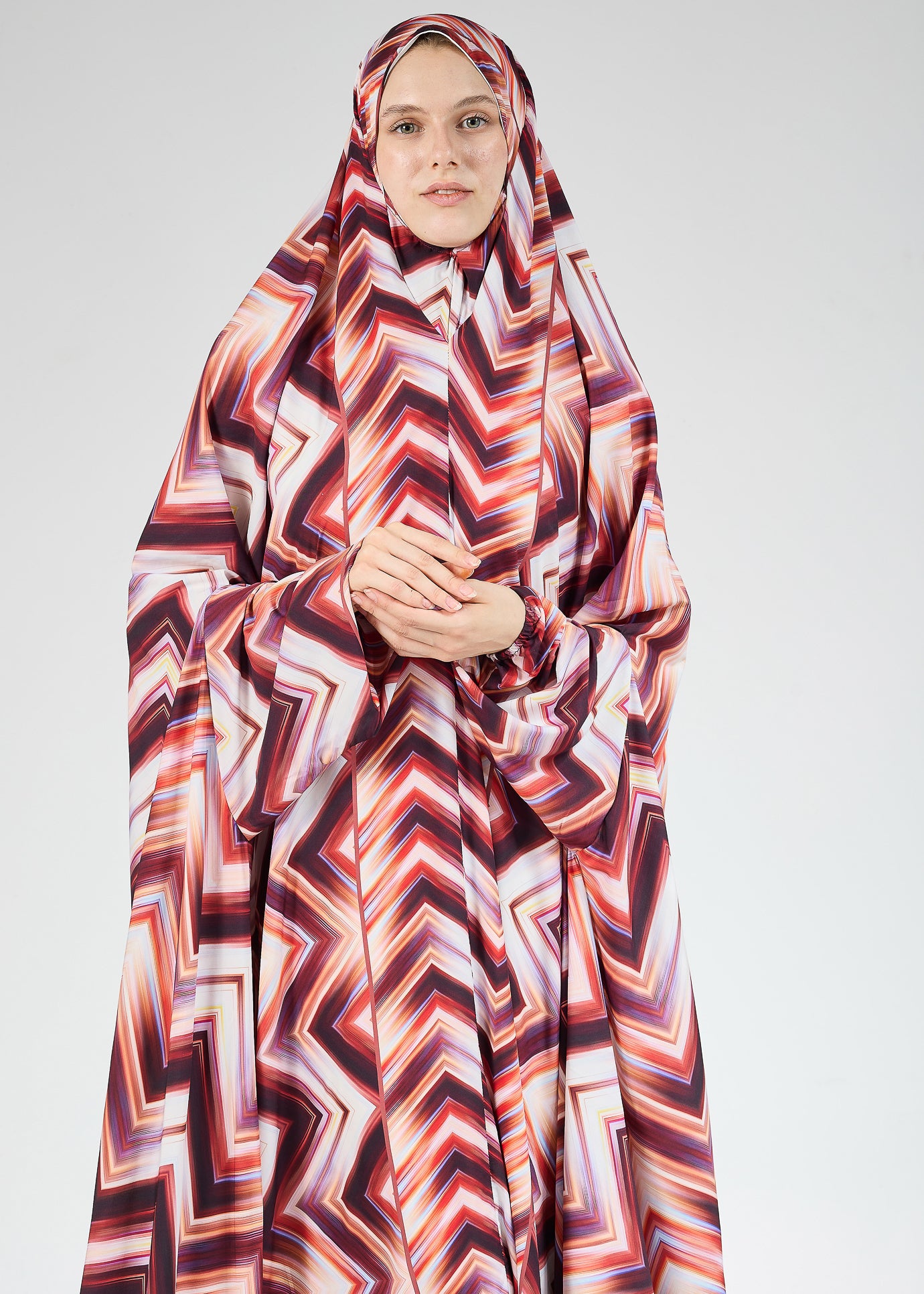 Faten Chevron Satin Prayer Gown with Elastic Cuffs - Comfortable Islamic Prayer Dress for Women, Perfect for Salah, Mosque & Home Worship
