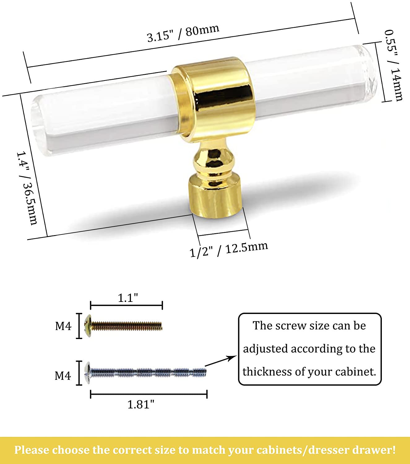 6 Pack Brushed Gold Acrylic Cabinet Knobs - Clear Single Hole T Bar Drawer Pulls for Dresser & Kitchen Cabinets (3.15