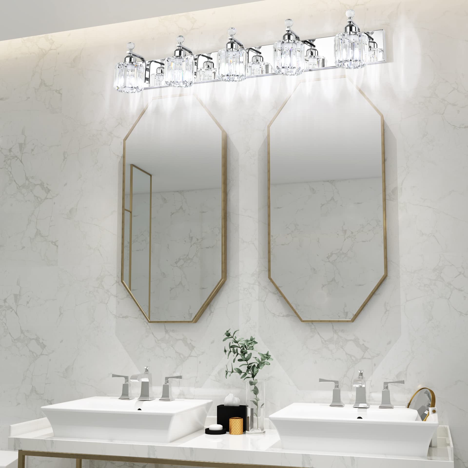 Modern Crystal Bathroom Vanity Light Fixture - 5-Light Chrome Vanity Lighting for Bathroom Mirror (Bulbs Not Included) | Perfect for Contemporary Bathrooms, Master Suites & Powder Rooms