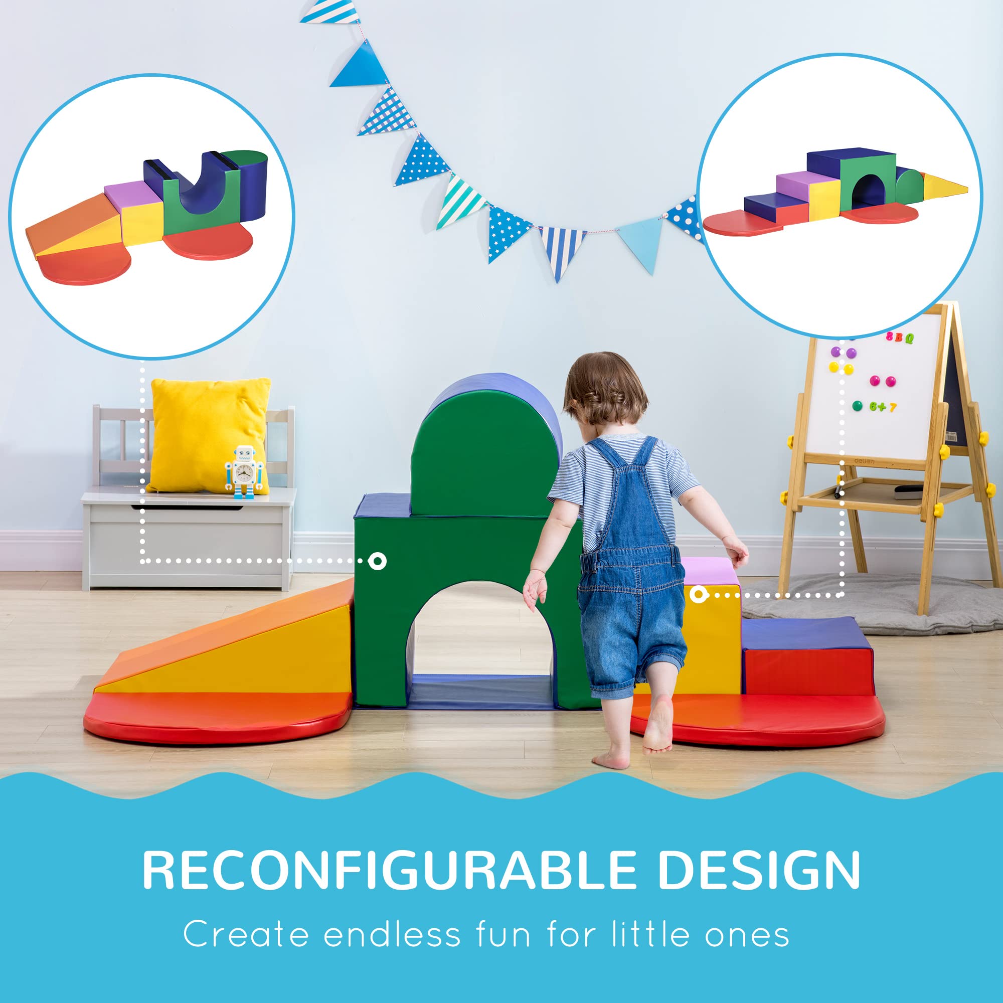 Qaba 7-Piece Baby Soft Play Equipment Set - Safe Toddler Climbing Toy for Indoor Play, Crawling & Shape Discovery - Easy-to-Clean Foam Blocks for Home Daycare & Playroom (Grey/Blue) - Perfect for Early Childhood Development & Motor Skills