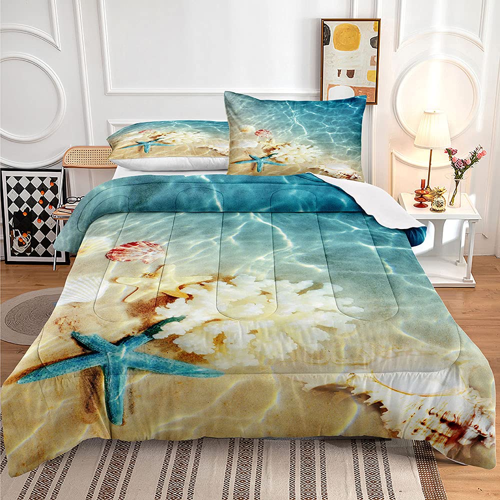 Ocean Beach Comforter Set - Teal Blue Coastal Nature Theme Bedding for Boys & Girls, Queen Size with Pillowcase (C-02) | Perfect for Beach-Themed Bedrooms, Vacation Homes & Coastal Decor