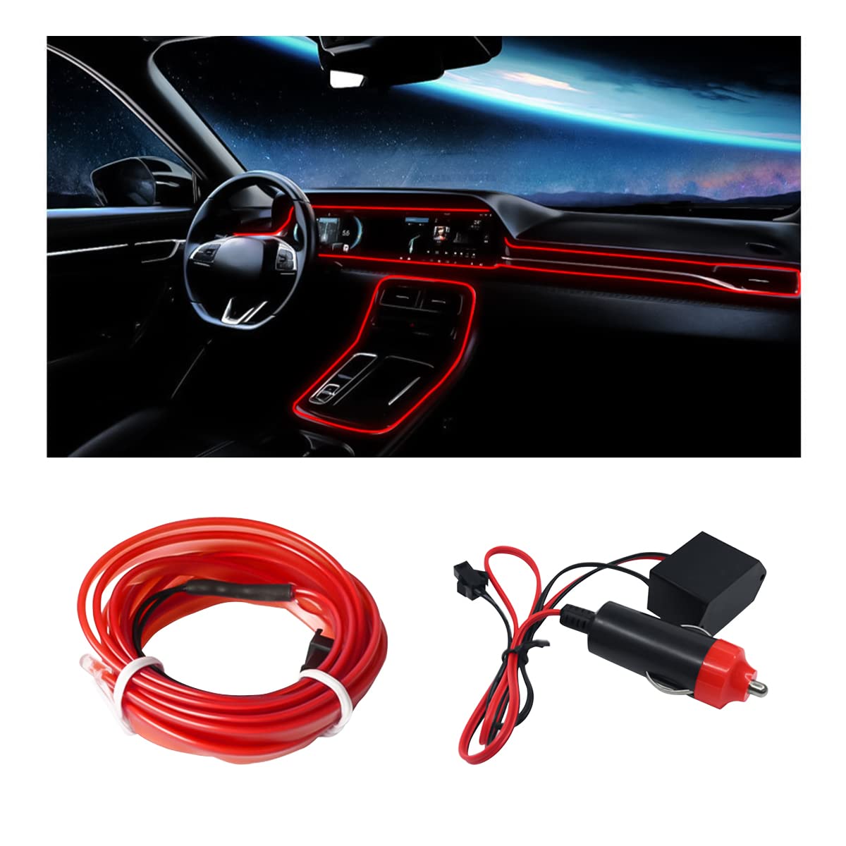 EL Wire Car Interior LED Strip Lights - 16FT Red Neon Light with Sewing Edge for Auto Cigarette Lighter | Electroluminescent Ambient Lighting Kit with Fuse Protection | Perfect for Car Decoration, Night Driving & Interior Customization