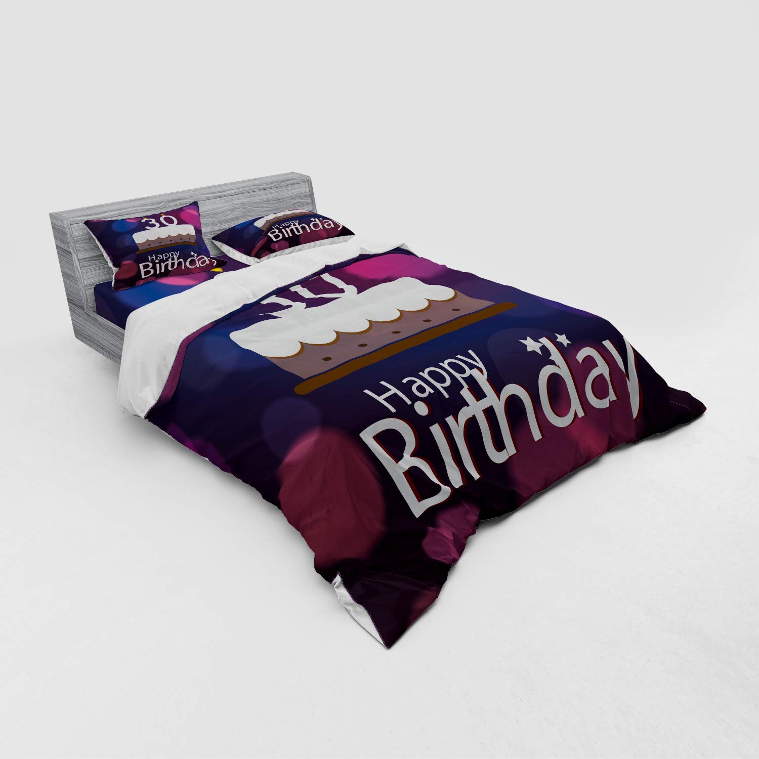 Ambesonne 30th Birthday Duvet Cover Set - Queen Size 4-Piece Bedding with Graphic Cake & Candles on Abstract Bokeh Background - Includes Shams & Fitted Sheet in Pink Navy Blue White - Perfect for Birthday Celebrations & Bedroom Decor
