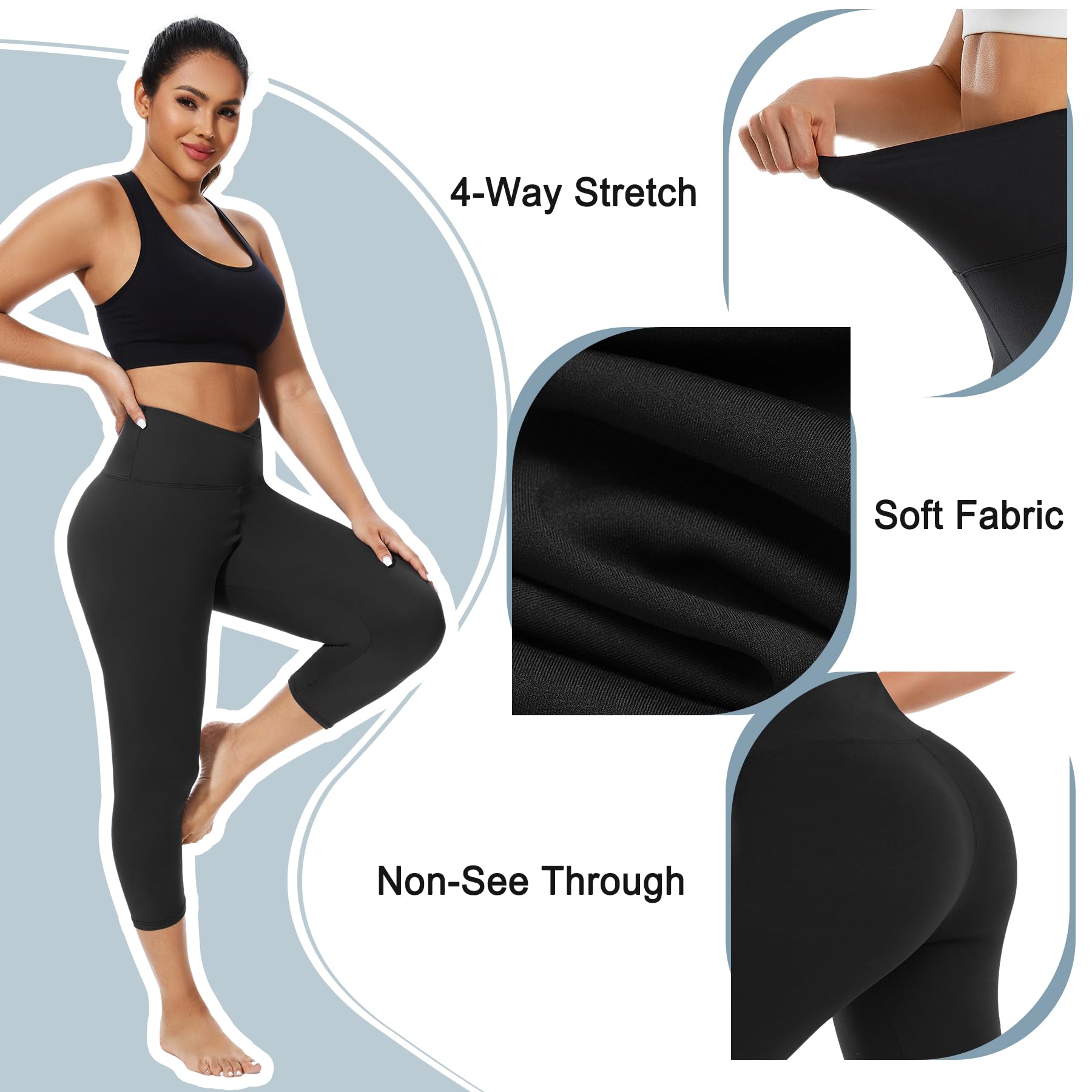 Morefeel Women's V Cross Waist Capri Leggings - Tummy Control Butt Lift Yoga Pants for Summer Workouts, Gym & Sports | Soft High-Waisted Tights for Running, Pilates & Lounge Wear