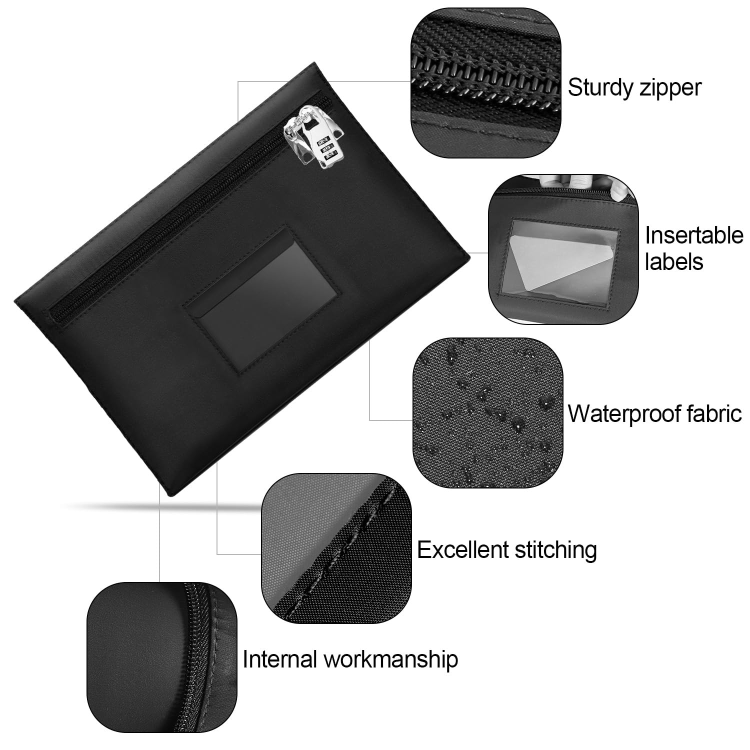Secure Lockable Money Bag 12.2x8.2 Inches - Heavy Duty Zippered Bank Deposit Bag with Dual Zipper & Safe Lock - Cash Deposit Bag for Businesses, Retail Stores & ATM Use (Black, Medium)