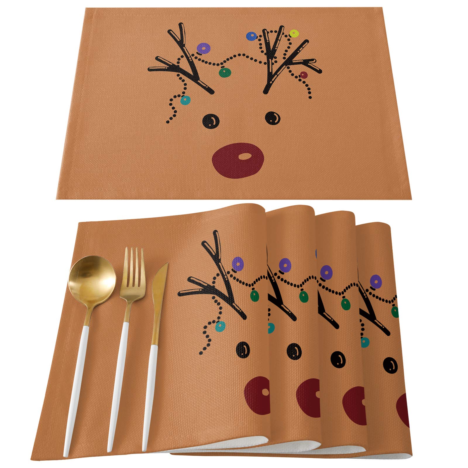6-Pack Round Non-Slip Heat Resistant Washable Christmas Reindeer Rudolph Table Placemats - Cute Holiday Dining Mats for Kitchen Table, Perfect Gift for Kids, Women & Men - Ideal for Christmas Decorations, Family Dinners & Party Settings