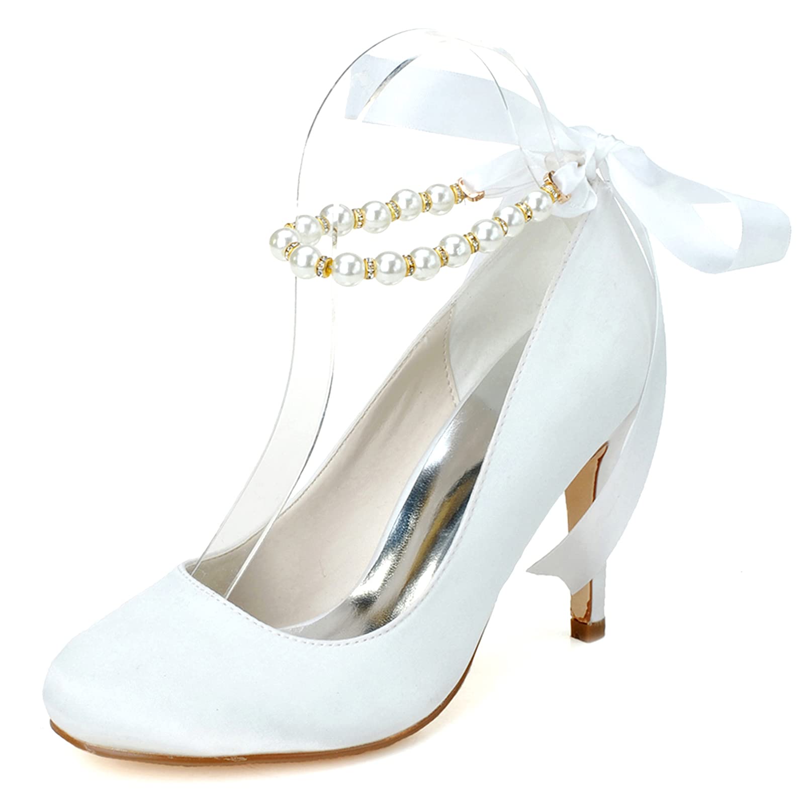KSTORE Women's Round Toe Satin Bridal Shoes - Elegant Wedding Shoes for Bride & Bridesmaid with Pearl Ankle Strap - Perfect for Weddings, Prom, Evening Parties & Special Occasions