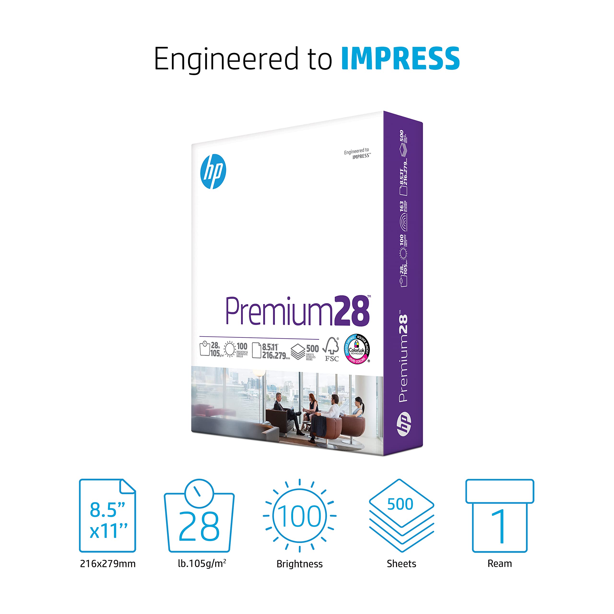 Premium HP Printer Paper 8.5 x 11 Inches, 28 lb Weight - 500 Sheets/Ream, 100 Brightness, FSC Certified, Made in USA (205200R) - Ideal for Home Office, School Projects & Professional Printing