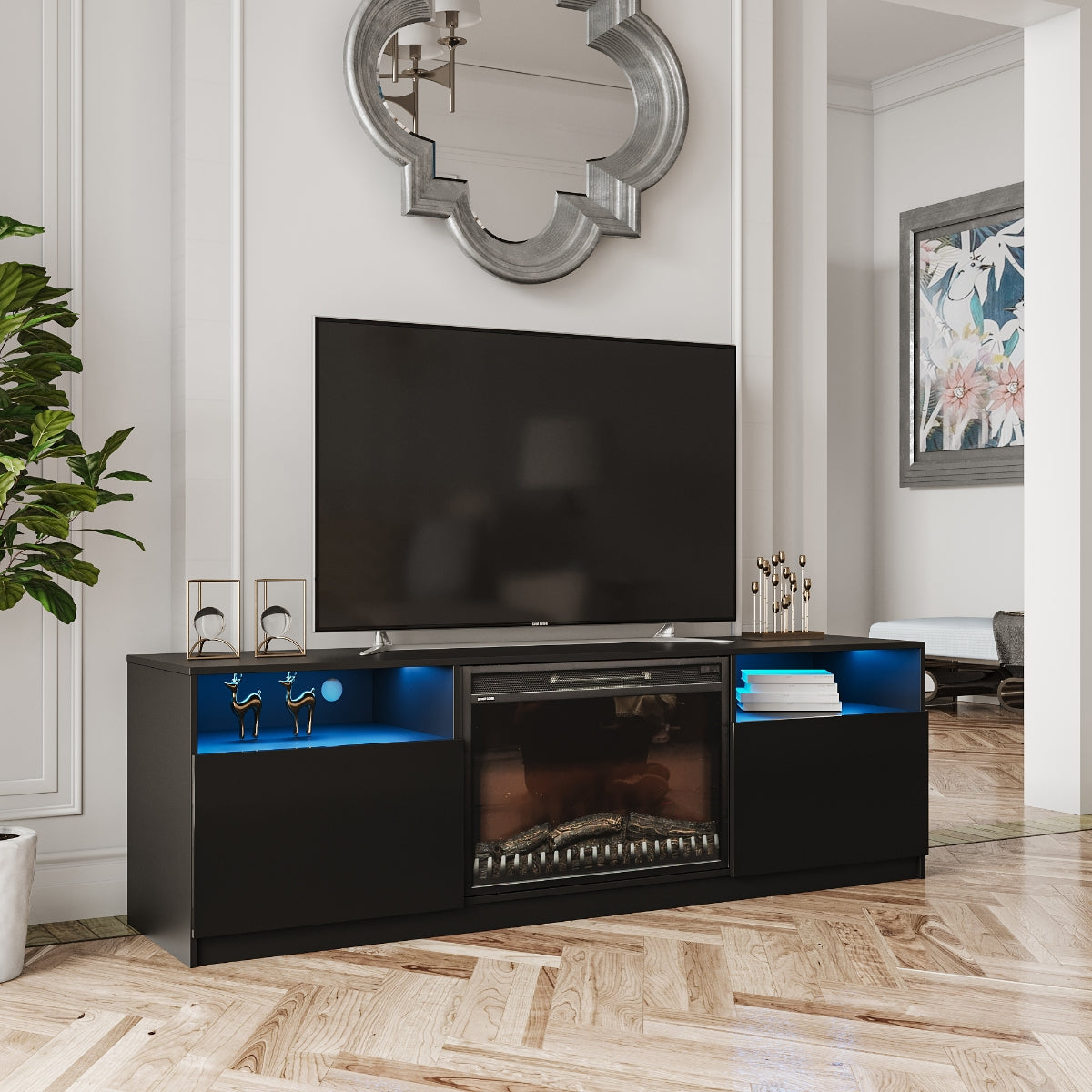 Amari Electric Fireplace TV Stand - 60 Inch Modern Entertainment Center with Heater, Storage Shelves for Living Room, Bedroom & Office - Warm & Stylish Home Decor