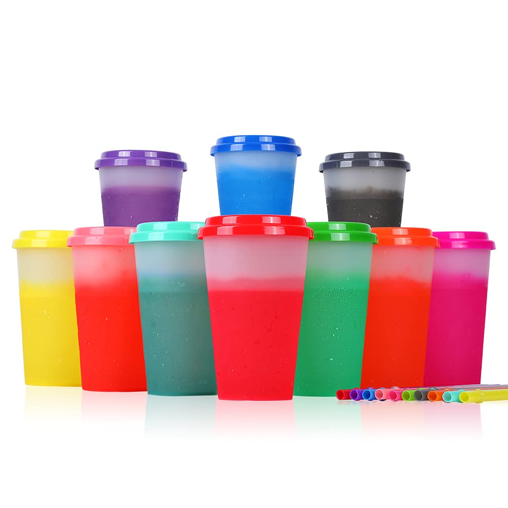 12oz Color Changing Reusable Plastic Cups with Straws & Lids - 10 Pack Kids Cold Drink Tumblers for School, Parties, and Outdoor Activities